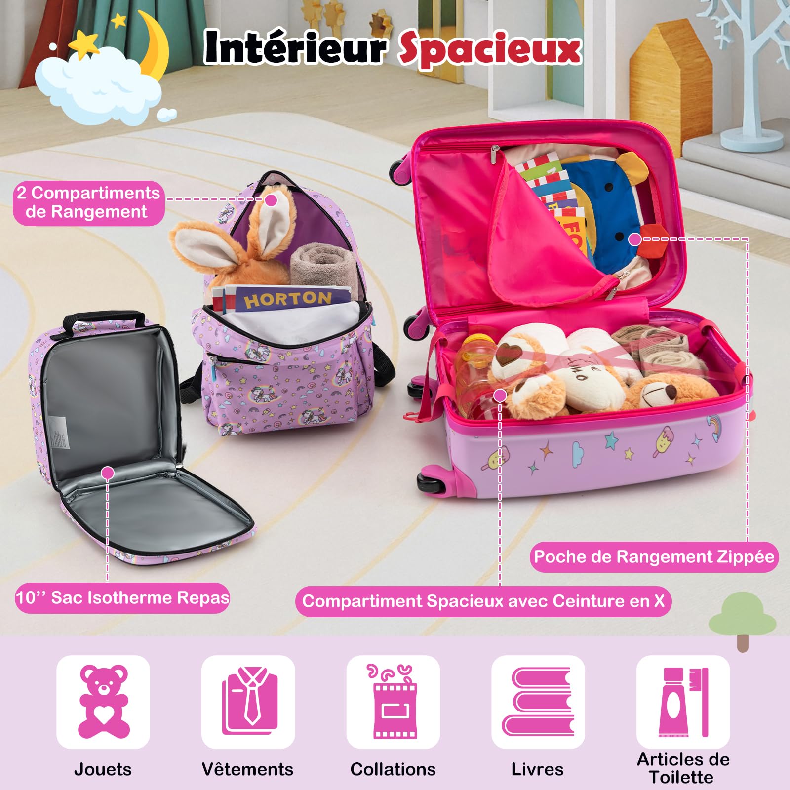 DREAMADE Valise Enfant 16" et Sac à Dos 13" avec Oreiller Cervical&Sac-Repas Isolé&Étiquette,Bagage à Main Enfants 5 Pièces avec 4 Roues à 360°,Ensemble Valise Roulette Garçon Filles (Licorne Rose)