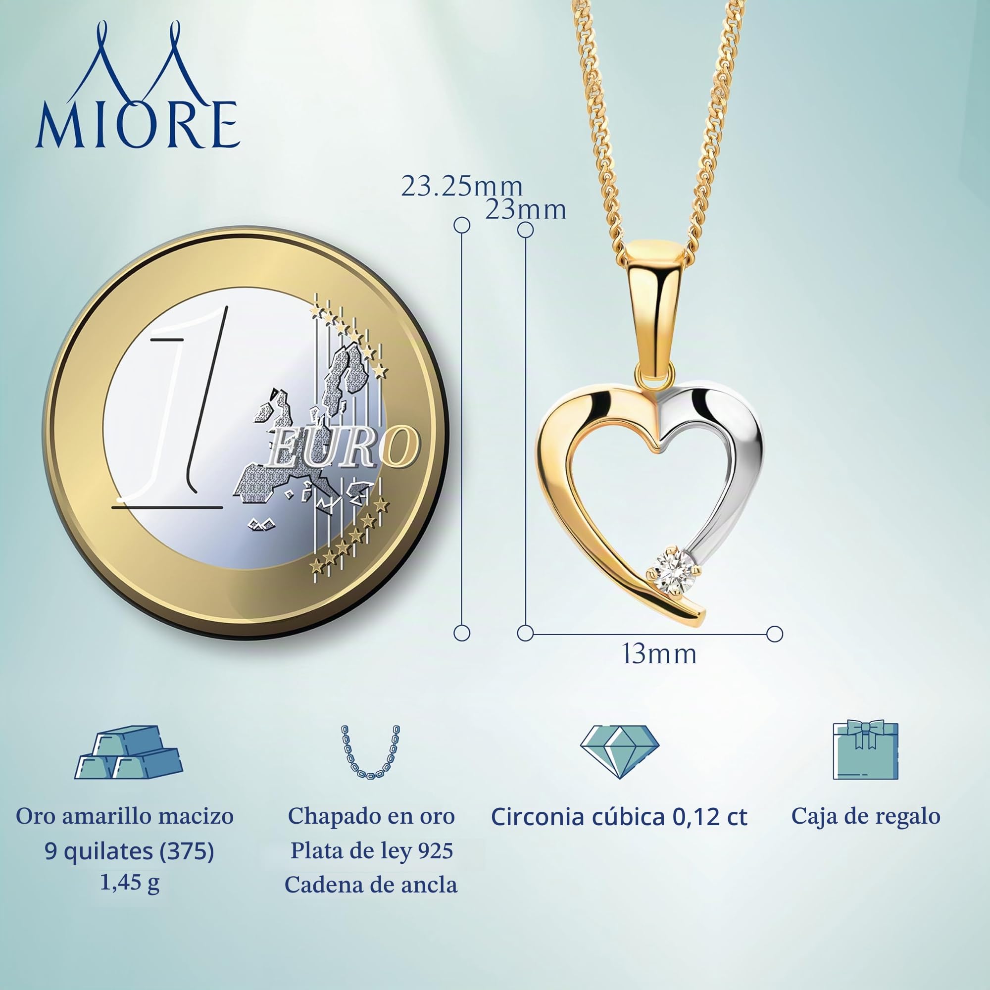 MIORE Colgante Mujer Corazón en Oro Blanco y Amarillo 9K 375 con Circonita Cúbica Collar con Cadena de Oro, Plata 925 o sin Cadena, presentado en Estuche de Joyería