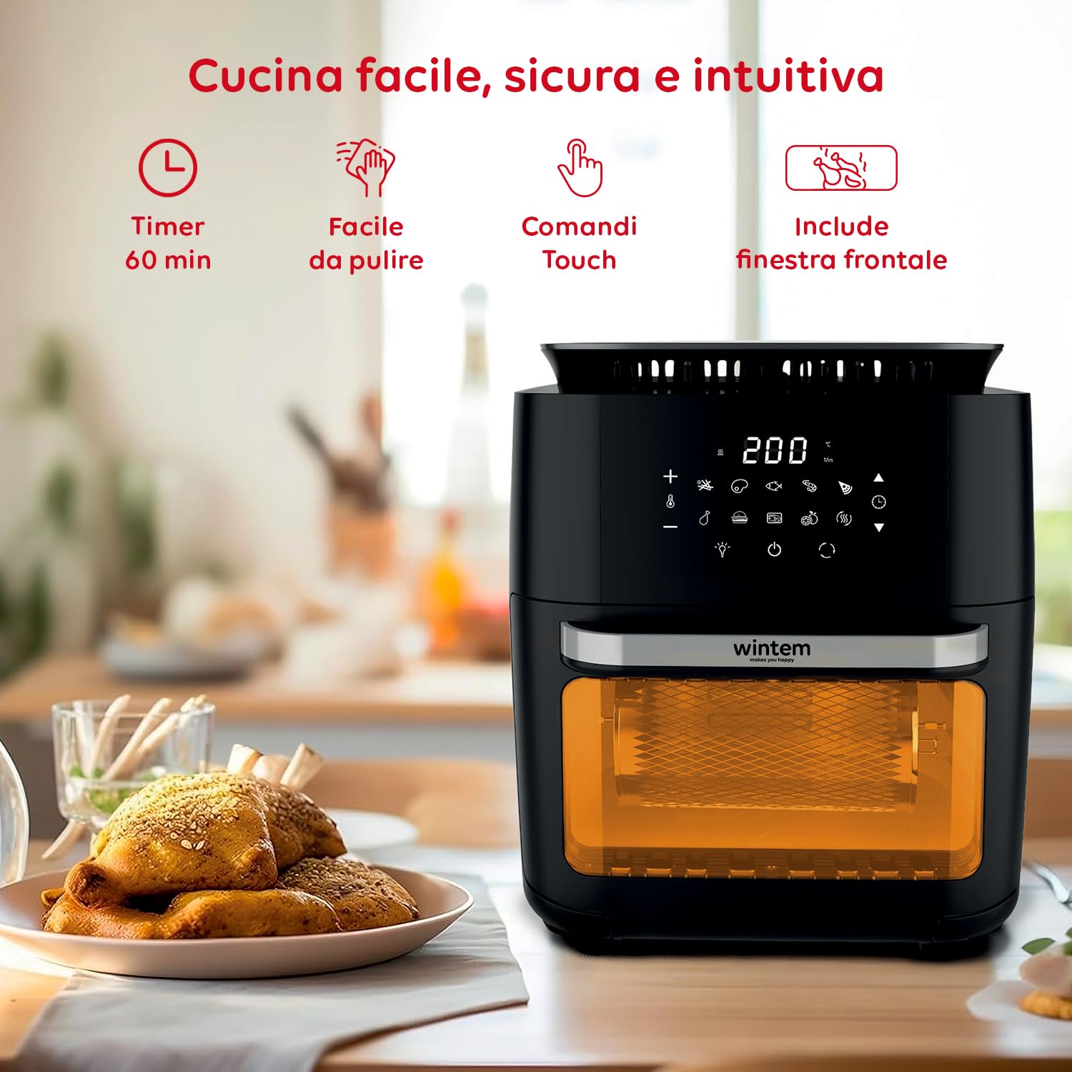 Avilia - Friggitrice ad Aria 12 Litri XXL con Display Touch 1800W, 12 Programmi, Accessori Inclusi e Cottura ad Aria 360° per Piatti Croccanti e Sani con Uso Facile e Pulizia Rapida