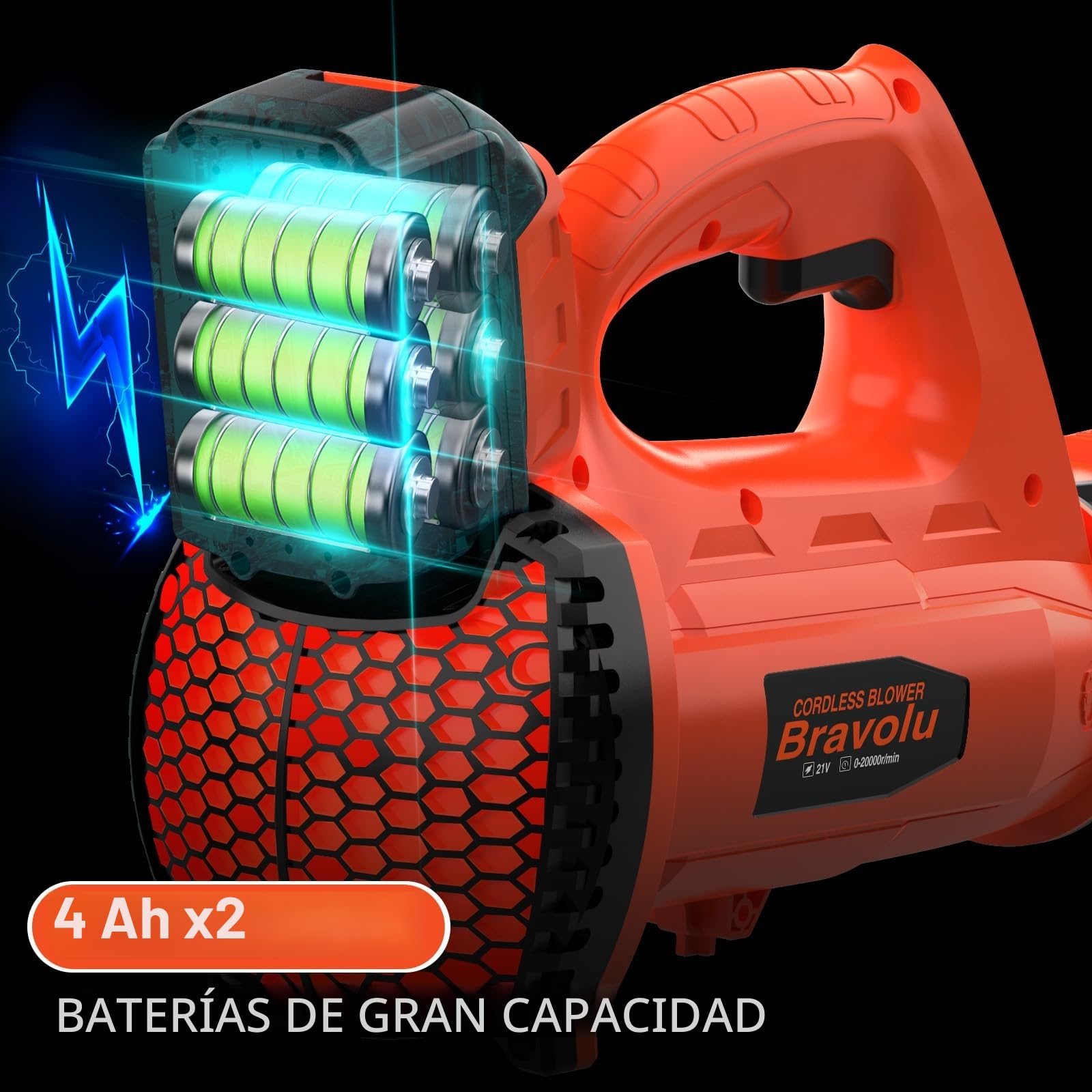 Soplador de Hojas, Bravolu 21V Soplador con Baterías Recargables de 2 X 4,0 Ah y Cargador, Flujo de Aire de 240 km/h, 6 Velocidades Soplador de Hojas Eléctrico