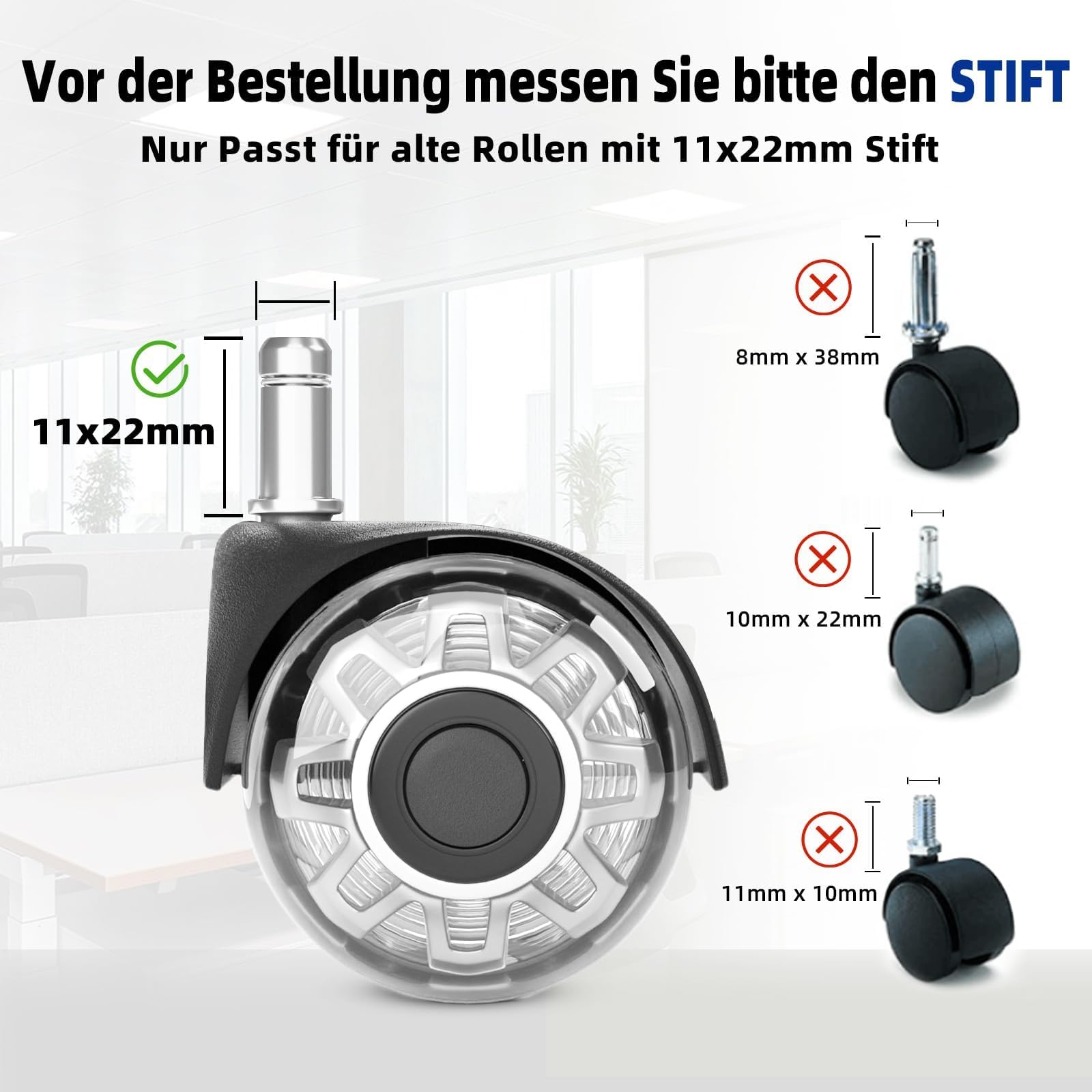 Set 5 Rotelle Per Sedia Ufficio 11mm - Super Silenziose, Per Parquet E Pavimenti Duri, Fino A 300kg - Foto 7