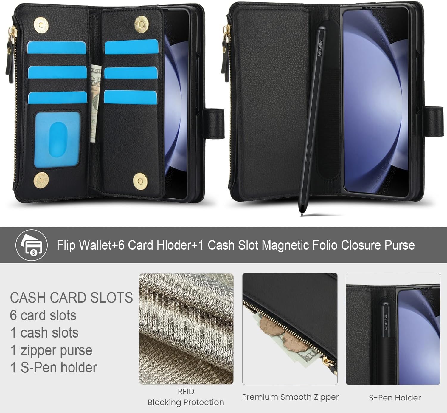 for Samsung Galaxy Z Fold 6 Wallet Case with 6 Credit Card Slots and Cash Slot Zipper Pocket,Wristband, RFID Blocking S Pen Holder Magnetic Clasp Kickstand.(Black)
