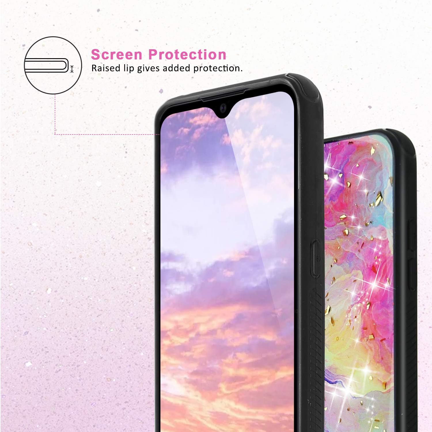 TJS Phone Case Compatible with Samsung Galaxy A01, with [Tempered Glass Screen Protector] Shiny Chrome Flake Glitter Back Skin Full Body Soft TPU Rubber Bumper Drop Protector Case Cover (Rainbow)