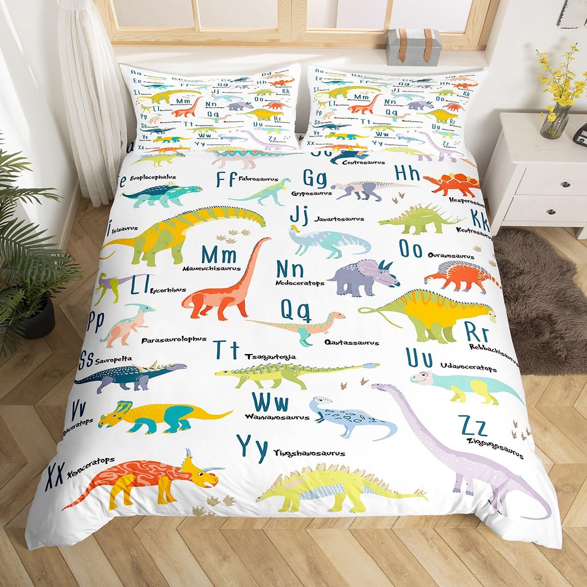 Homemissing Kids Dinosaur Bedding Set ABC Alphabet Duvet Cover for Boys Girls Jungle Animal Dino Bedroom Decor Comforter Cover Set Educational Bedspread Cover With 1 Pillow Case Single