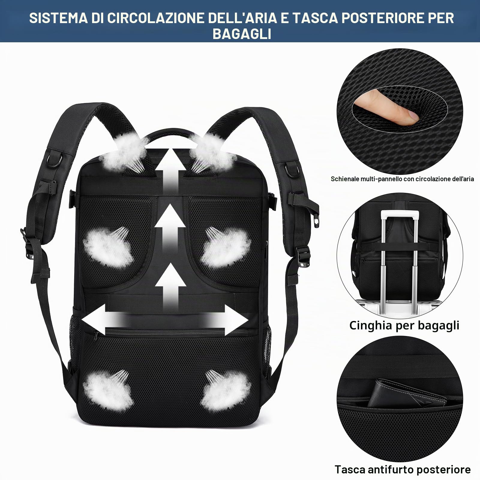 Zaino da Viaggio 55x40x20 44L Borsa da Cabina Antifurto Nero