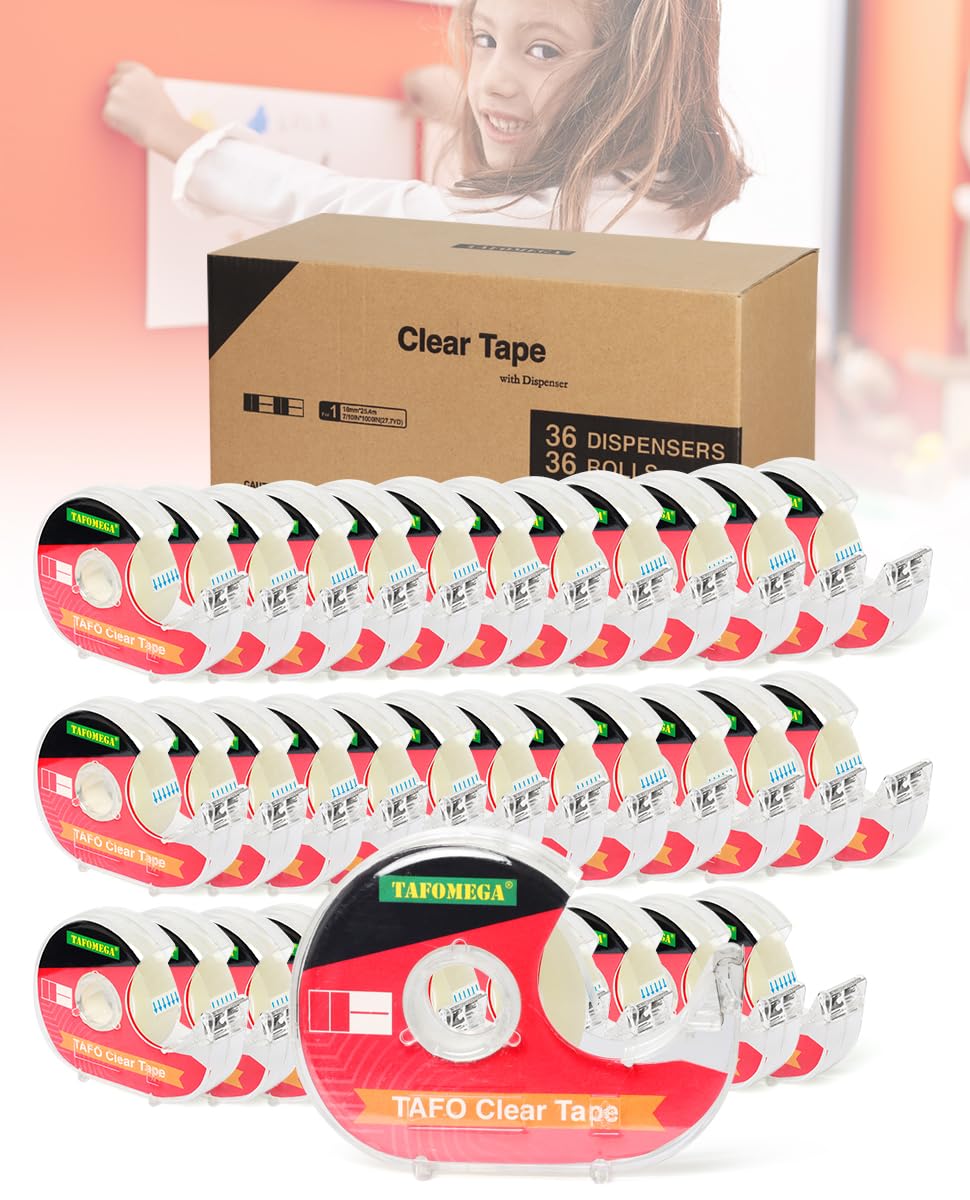 Tafomega Clear Tape for Wrapping,Repairing and Adhesiving Smooth Cut Transparent Tape with Dispenser for Office & School Project 0.7 X 1000 Inch,36