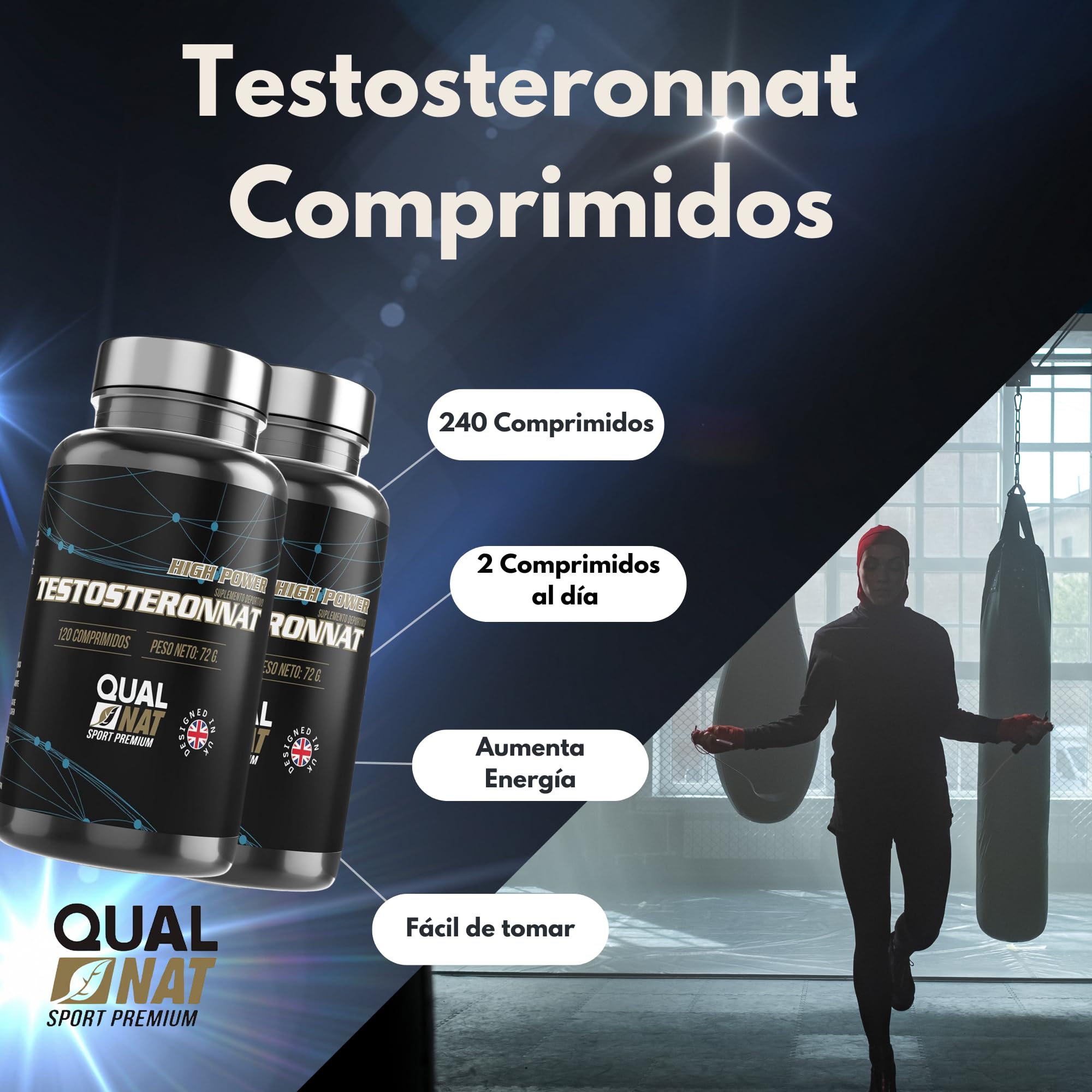 QUALNAT Testosterona Pura Maca + Zinc 240 Comprimidos para Aumentar Masa Muscular y Energía