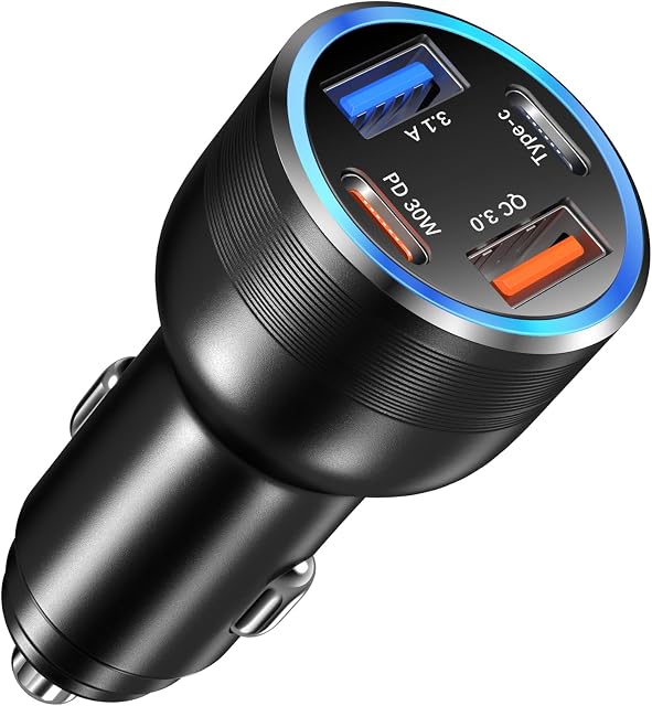 USB C Car Charger 65W, Bangfun 4-Port Dual USB C & USB A Car Charger QC/PD 3.0 Fast Charge Cigarette Lighter Adapter for iPhone 17/16/15/14/13/12/11, Samsung S24/S23/S22 Google Android Phone(Black) | QC/PD 30W Car Phone Charger, Dual 12V USB Car Outl