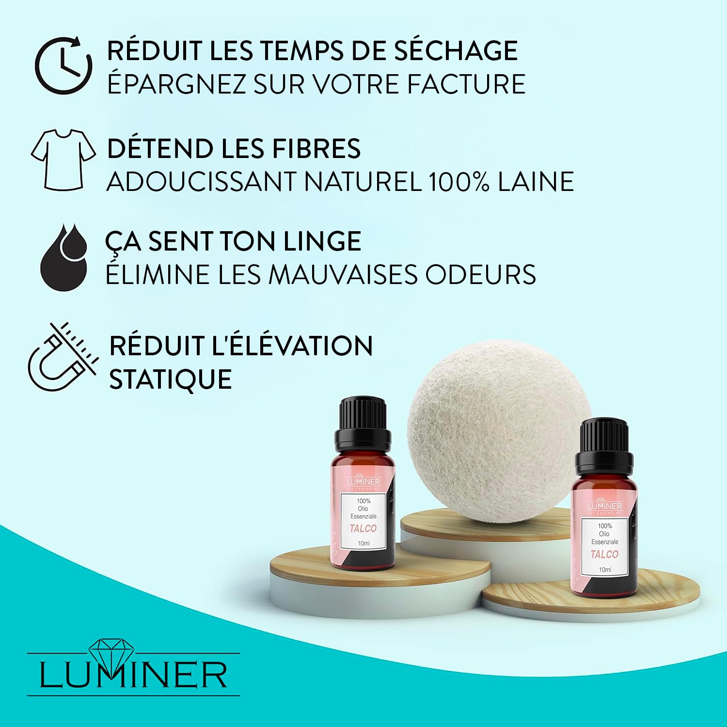LUMINER Boules de Séchage en Laine x6 – Anti-Froissage, Anti-Statique, Attrape-Cheveux, 2 Huile Essentielle de Talc, Réutilisables pour Sèche-Linge