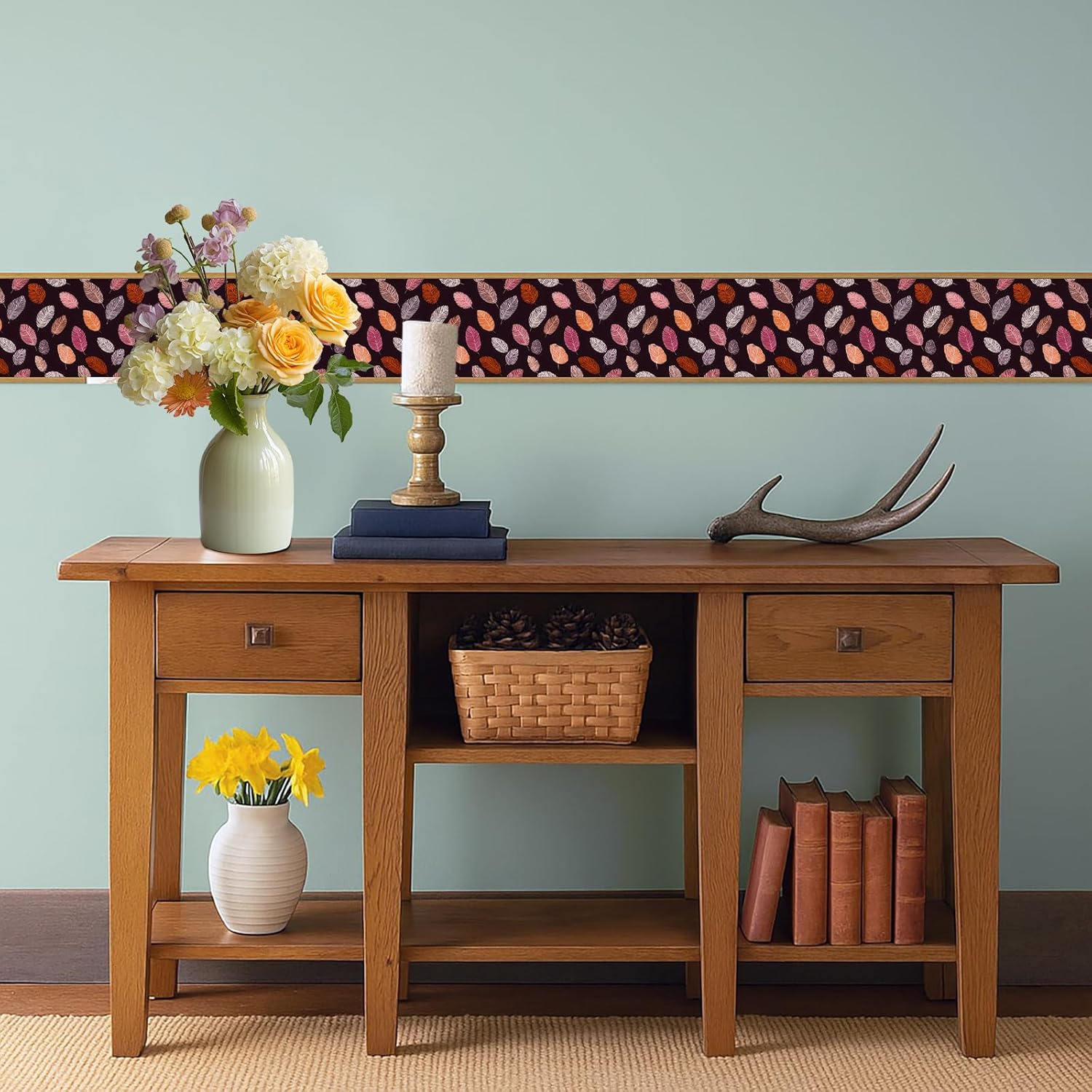 Black Feather Wallpaper Border 196x4 Inch Peel and Stick Wall Border Self Adhesive Colorful Leaf Pattern Removable Vinyl Trim for Living Room Bedroom Bathroom Kitchen Cabinet Decoration