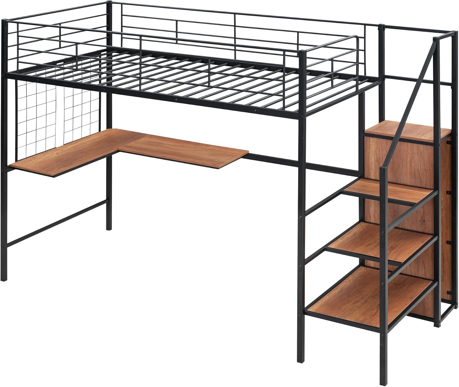 Twin Loft Bed with Desk and Storage Wardrobe, Heavy Duty Loft Bed with Stairs and Metal Grid, Twin Size Loft Bed for Kids, Girls, Boys, No Box Spring Needed, Black Twin