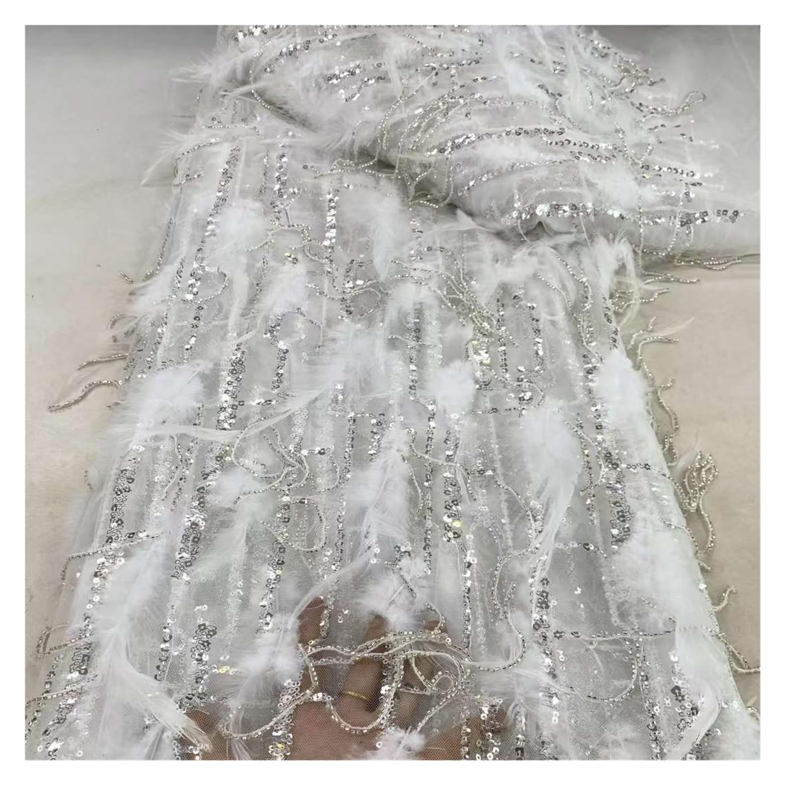 Tessuto per abito da sposa in tessuto di pizzo con piume di lusso fatto a mano paillettes pizzo tulle tessuto 3D per abiti da festa (colore-C)