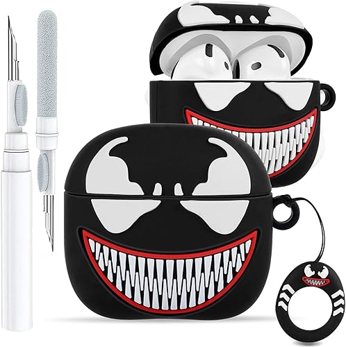 Miniatura 12 de Toyuma Funda para AirPods 4, diseño de dibujos animados kawaii, divertida funda de silicona suave 3D con llavero y kit de limpieza para mujeres,