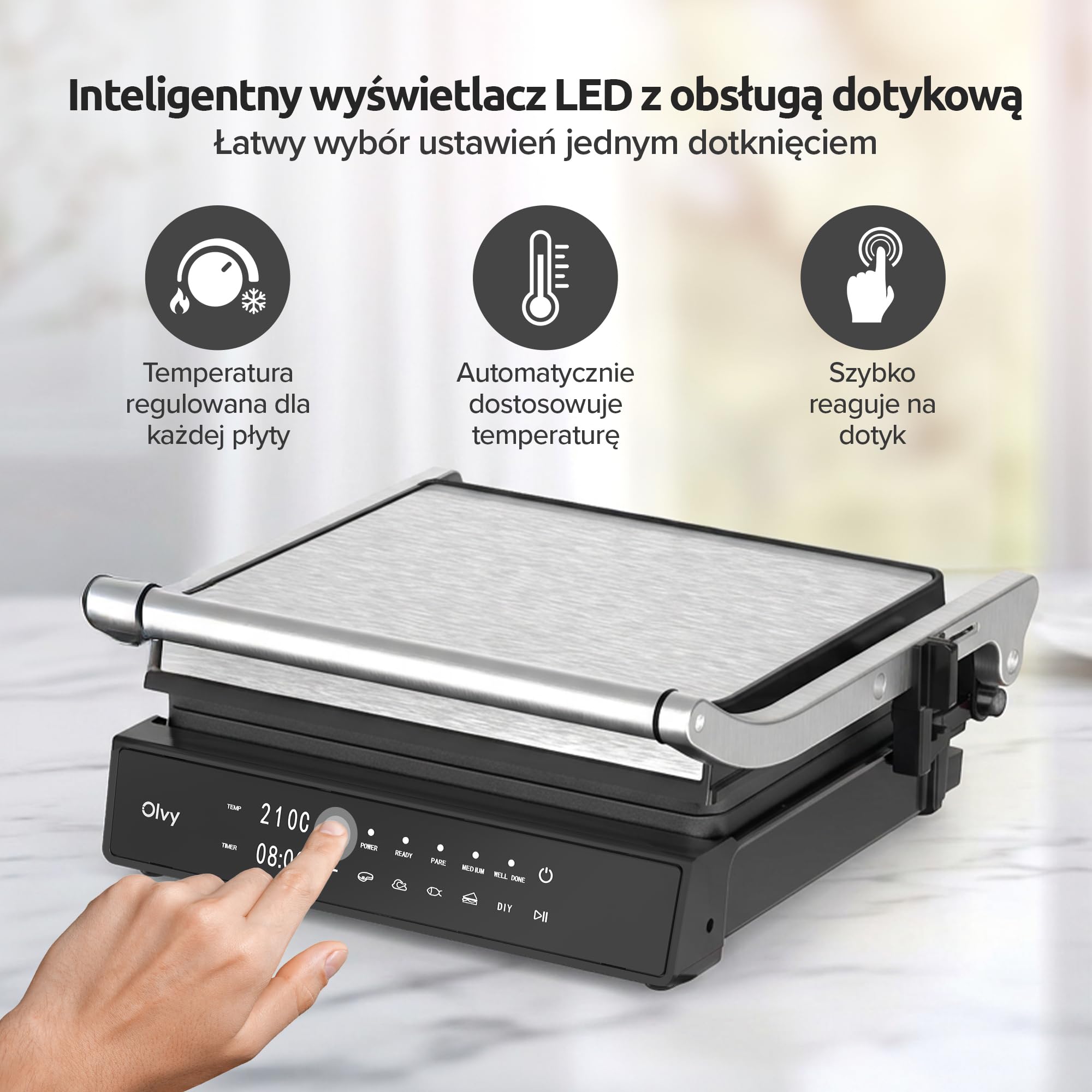 Olvy Grill kontaktowy z ekranem dotykowym, bez PFAS, 5 automatycznych programów, otwór 180°, 2000 W, zdejmowane płyty nieprzywierające, termostat i timer – panini, kanapka, stek i warzywa