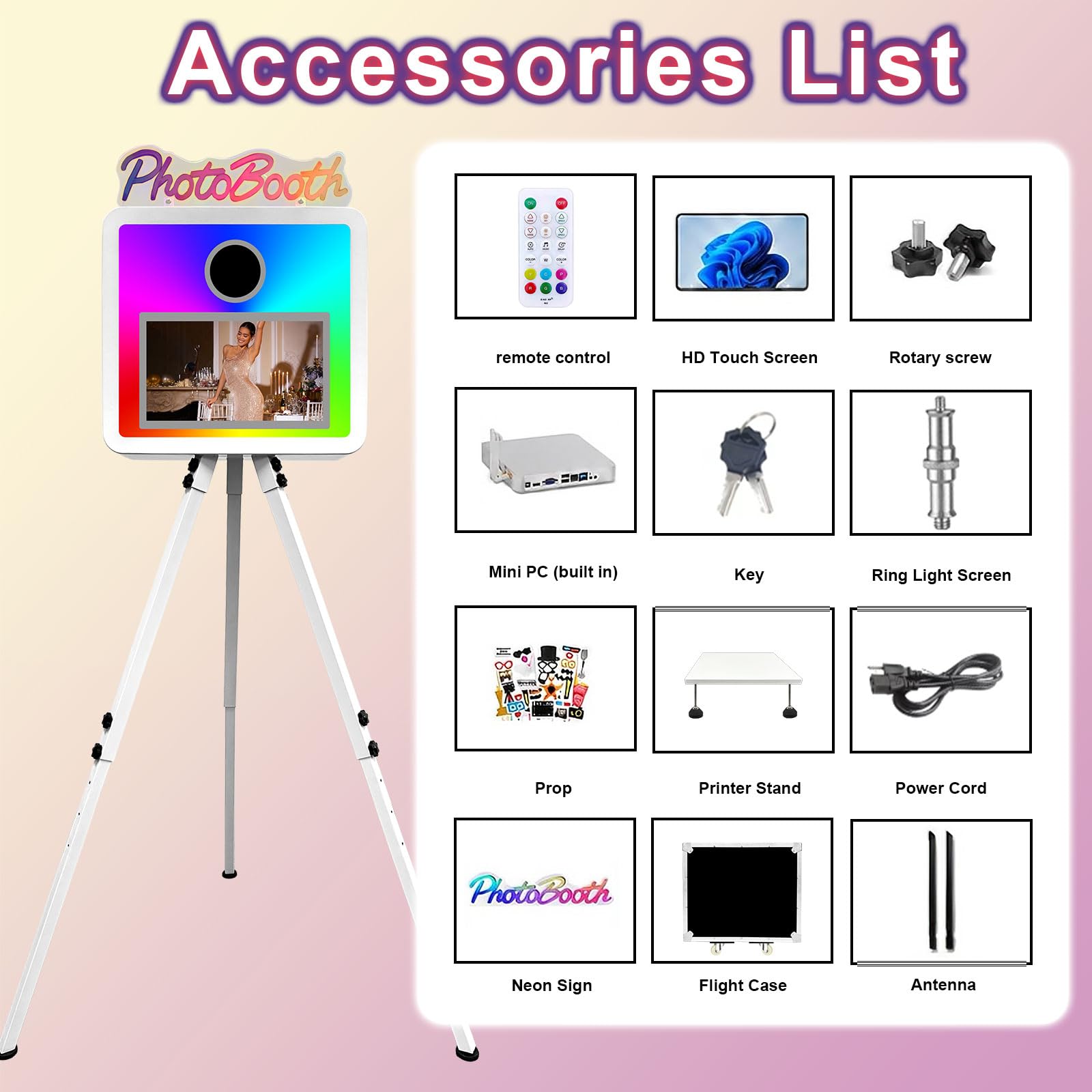 Lampa RGB "PhotoBooth" z ekranem dotykowym 15,6 cala do selfie DSLR, fotobudka, przenośna fotobudka, wbudowany mini komputer do wynajęcia imprez weselnych (biała, fotobudka)