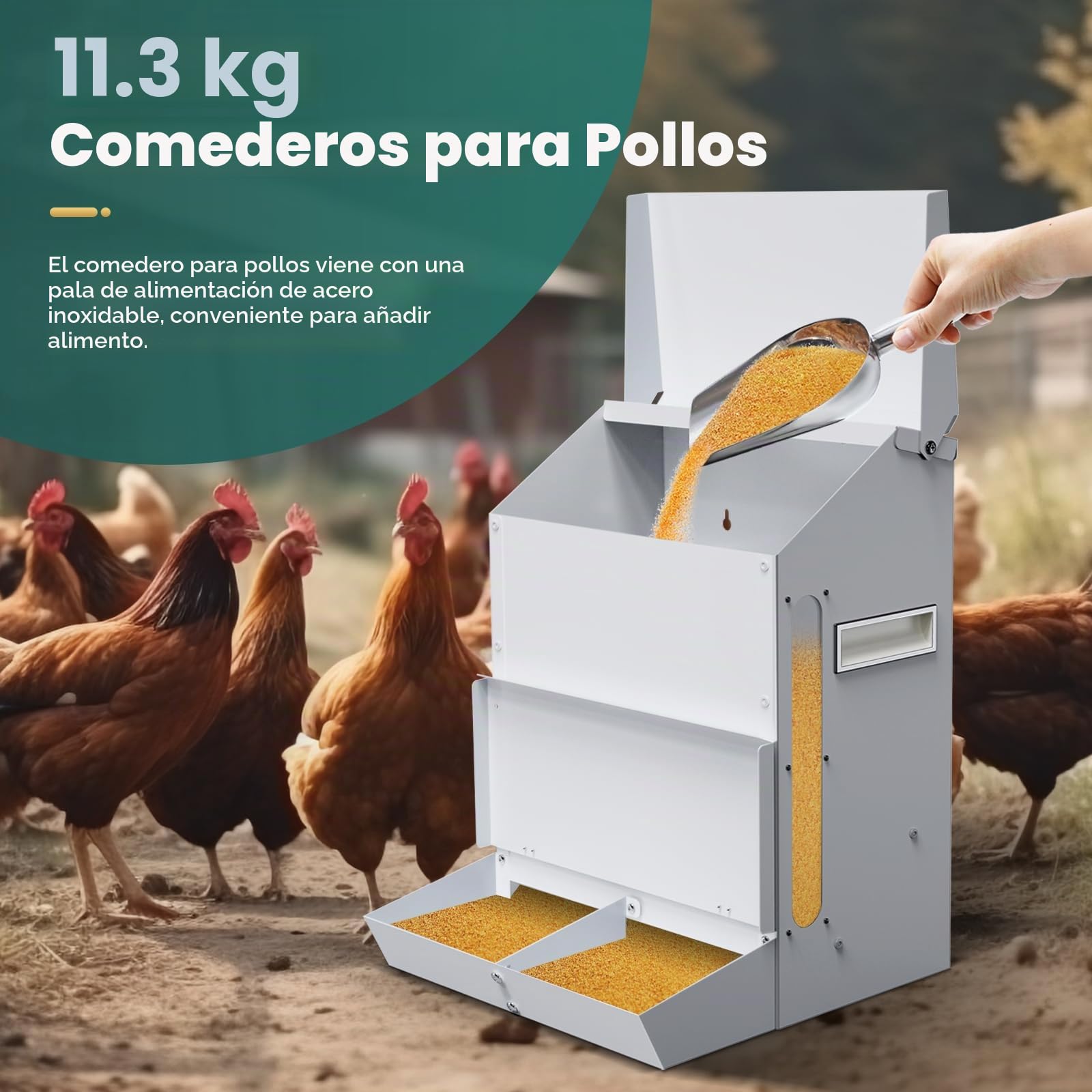 25LB Comederos Automáticos para Pollos de Acero Inoxidable Sin Residuos Alimentador Automático de Aves de Corral con Tapa Comedero Para Pollos Fácil de Limpiar