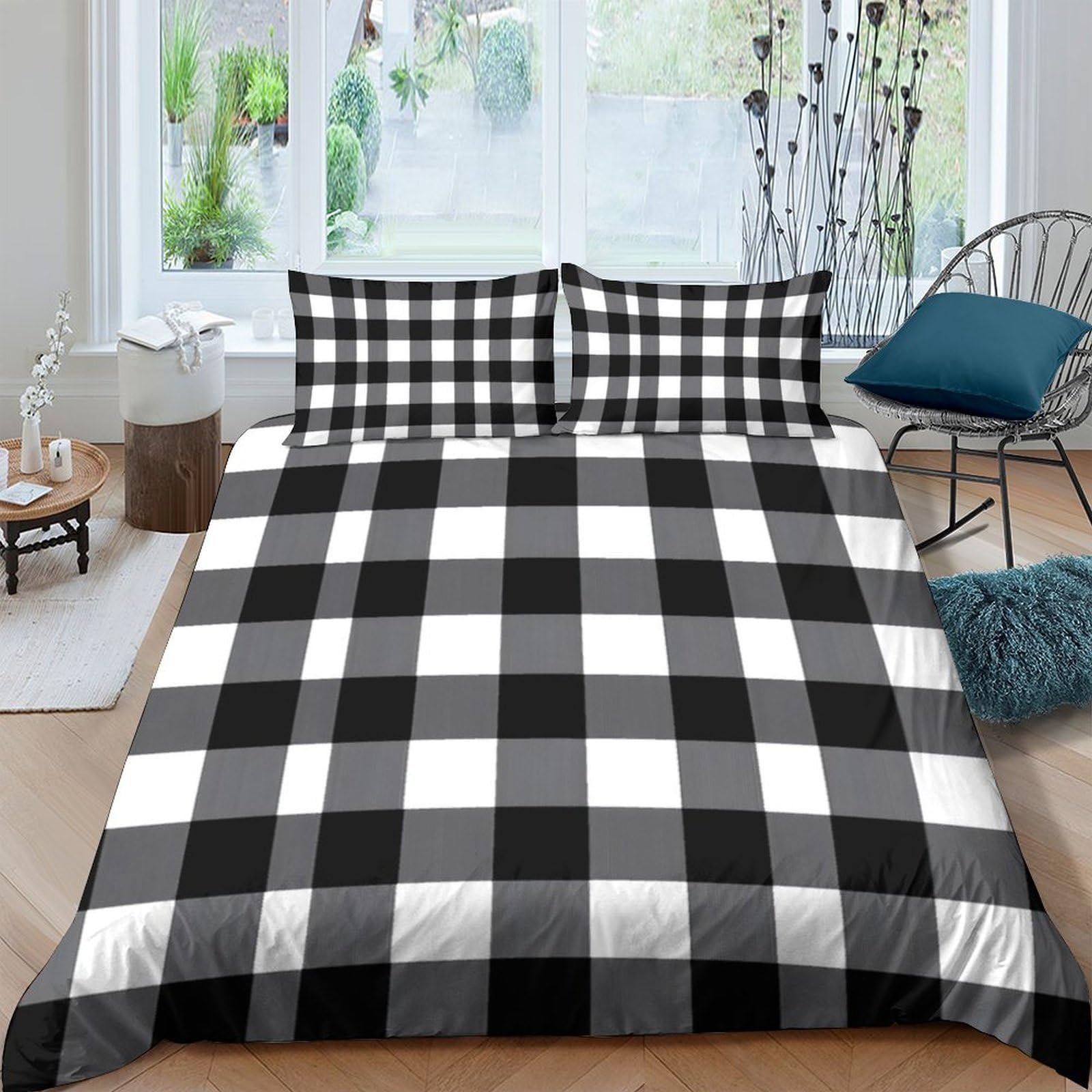 TUFRTGYHN 3D Printed Black White Plaid Duvet Cover Microfiber Soft Breathable Buffalo Check Bedding Set with 2 Pillowcases for Bedroom Apartment Single（135x200cm）