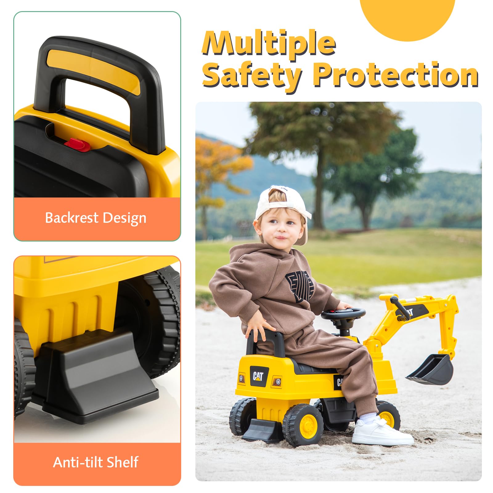 SOARS Sitzbagger, Kinderbagger mit Lenkbarer Schaufel, Rutschauto mit Hupe, verstecktem Stauraum & Kippschutz, Bagger zum Draufsitzen bis 25 kg belastbar, für Kinder ab 1 Jahr