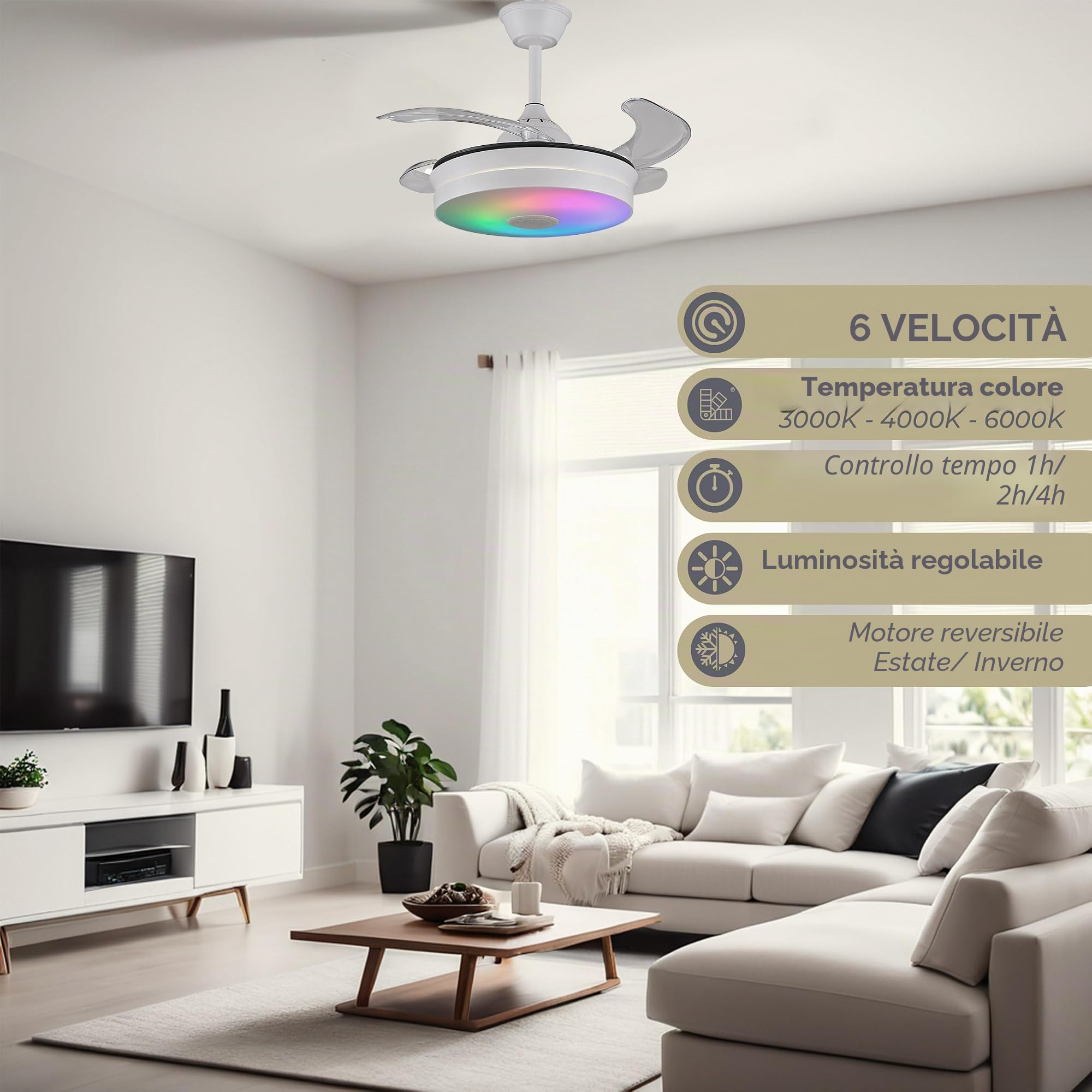 LUMIKING Ventilatore da Soffitto con Luce LED - Pale Retrattili, Musica e RGB - Silenzioso con Lampada Moderna, Telecomando, Bluetooth e APP per Soggiorno e Camera da Letto (108 cm)