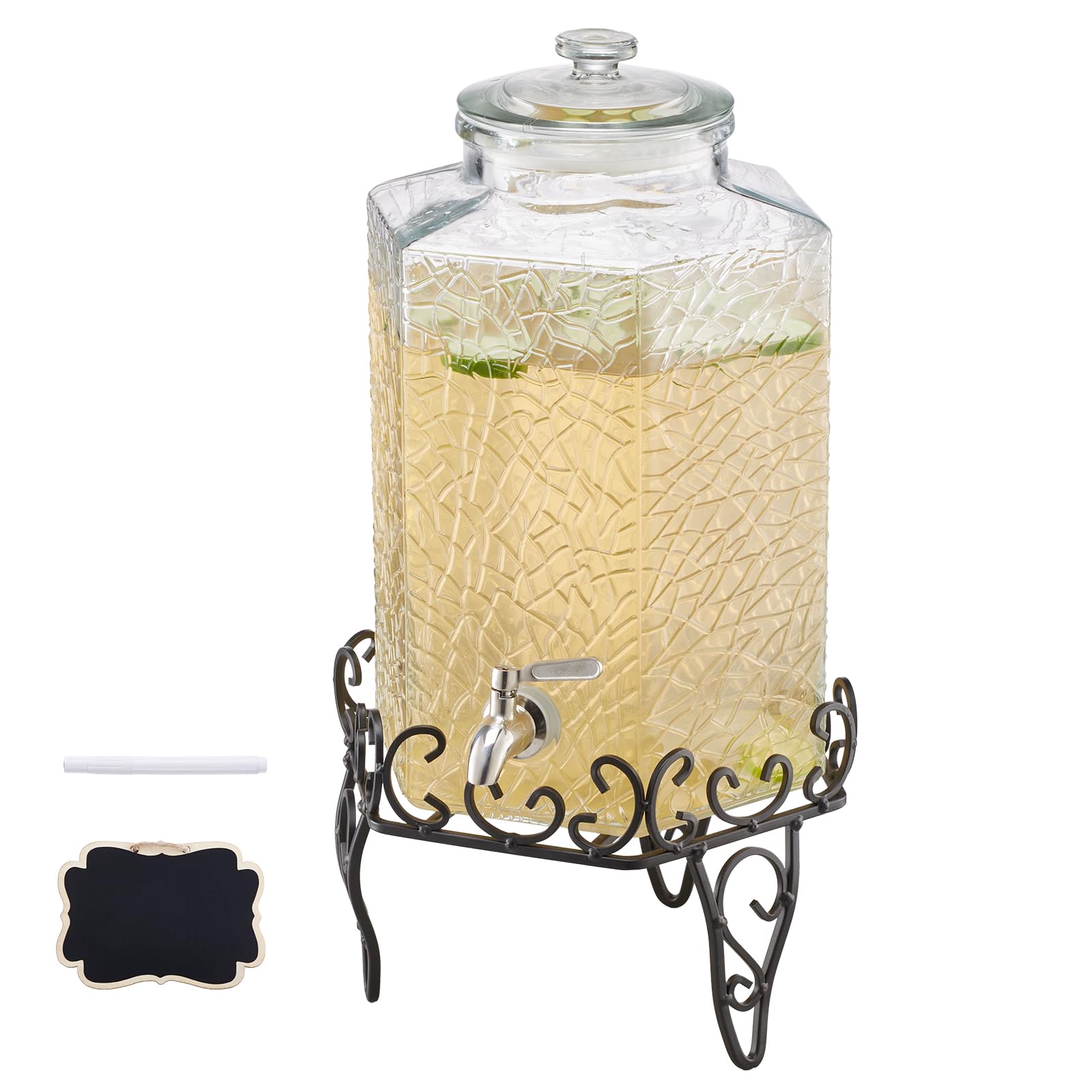 VEVOR Distributore di Bevande, 1 Pezzo da 10 L, Contenitore di Succhi in Vetro con Supporto in Metallo, Rubinetto in Acciaio Inox, Infusore, Distributore di Tè Freddo, Limonata, per Feste