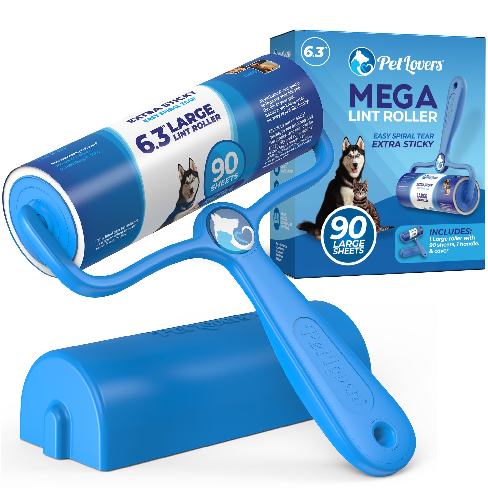 PetLovers 6.3" Large Lint Roller for Pet Hair - Extra Sticky - 90 Count - Perfect for Removing Pet from Furniture and Clothes, Dog and Cat Lint Remover