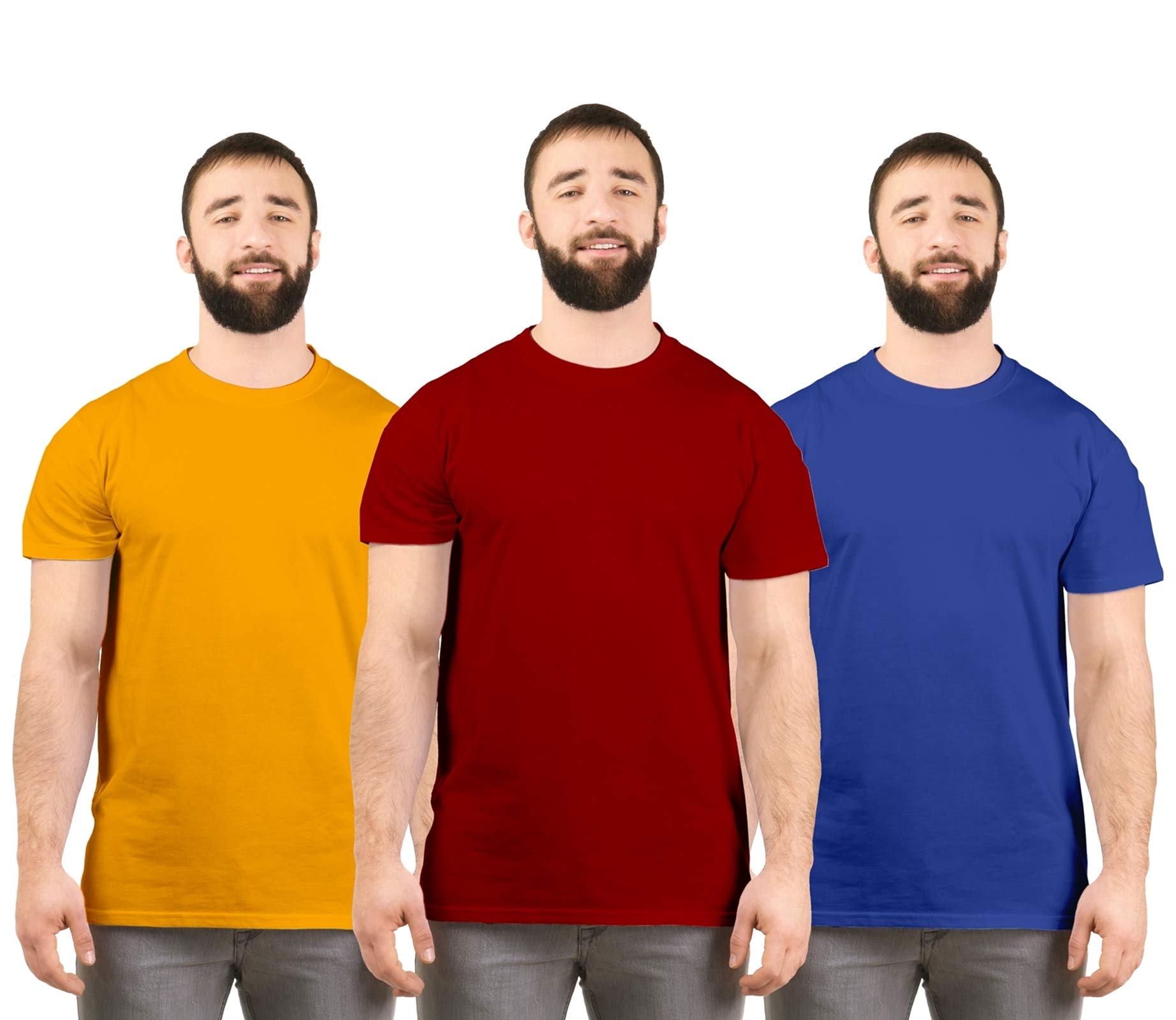 BoodbuckMen's Regular Fit T-Shirt (Pack of 3) (Plain-Musterd-RB-Maroon-L-SLF2_Assorted_Large)