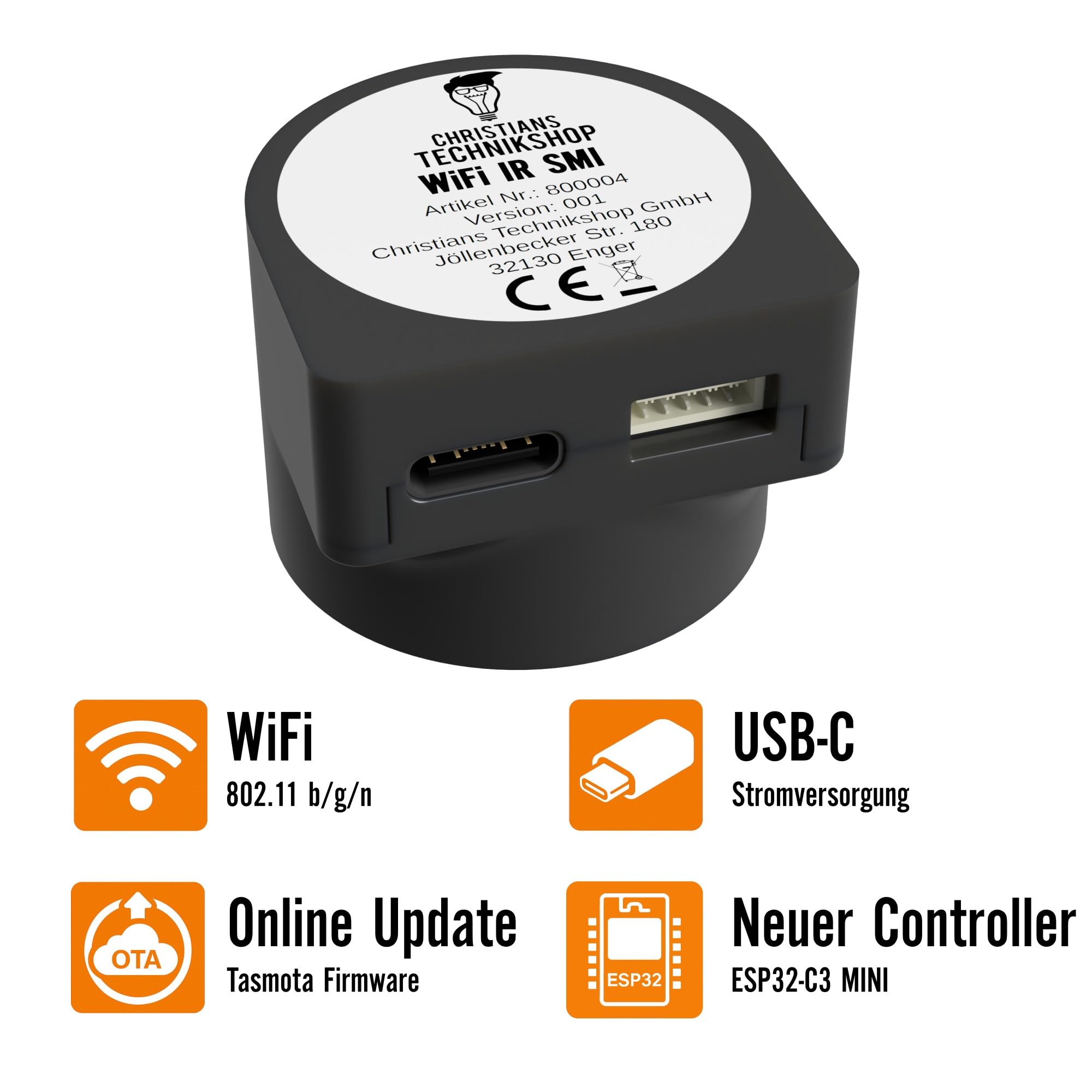 Christians Technikshop WiFi IR SMI V32 – WLAN IR-Lesekopf für Smart Meter (digitale Stromzähler), SML kompatibel, ESP32 mit Tasmota, Smart Home Integration via MQTT, Home Assistant & ioBroker