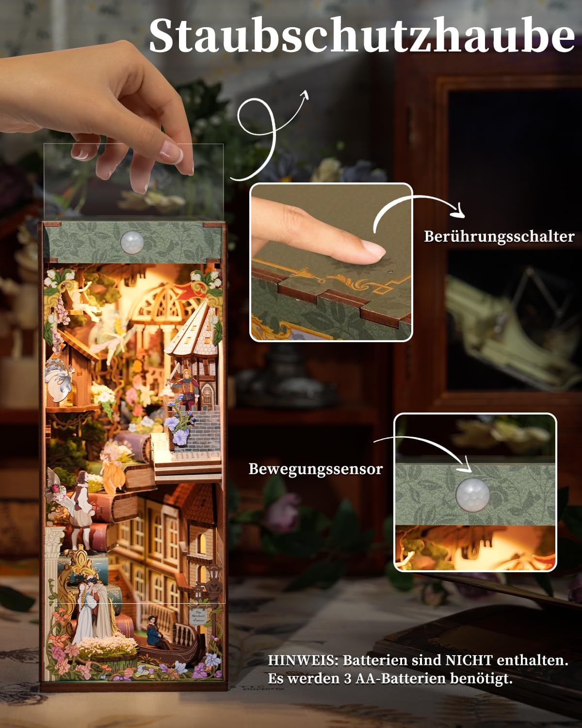 Tonecheer x British Library DIY Book Nook Kit, Shakespeare 3D-Holzpuzzle für Erwachsene, Miniatur-Haus-Kit Booknook-Bücherregal-Einsatz Dekor mit LED-Licht Handwerks Geschenk（Shakespeare-Verse）