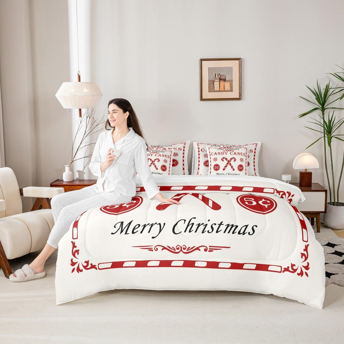 Feelyou Christmas Bedding Set 7 Pieces Kids Christmas Quote Bedding Set Queen Size Candy Canes Print Comforter Set Xmas White Bed in a Bag （Comforter, Sheets, Pillowcases & Cushion Covers）