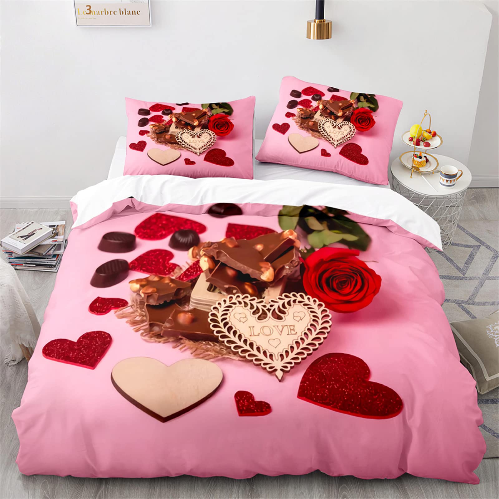 Housse de couette 140x200 coeur rose en microfibre douce avec ses deux taies d'oreiller