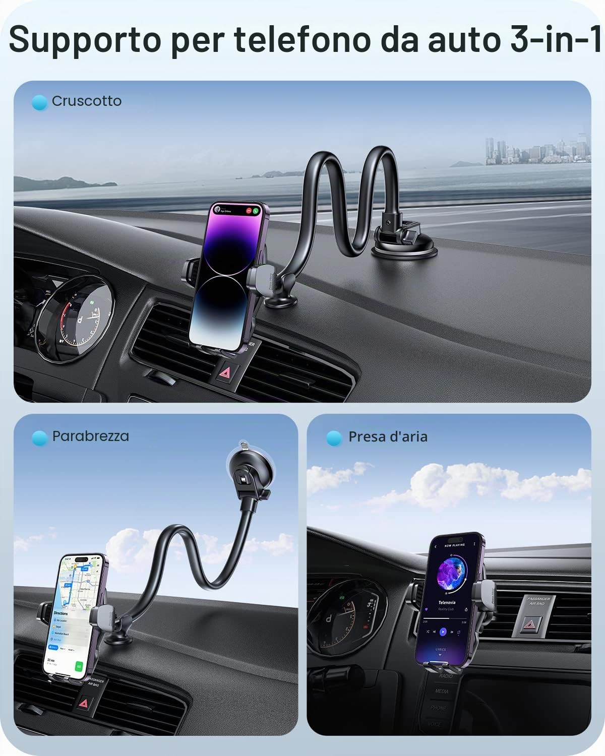 APPS2Car Supporto Cellulare auto Ventosa, Universale Porta Cellulare Auto 360° di Rotazione per Parabrezza Cruscotto bocchette aria, Compatibile con iPhone, Galaxy, Huawei, Xiaomi