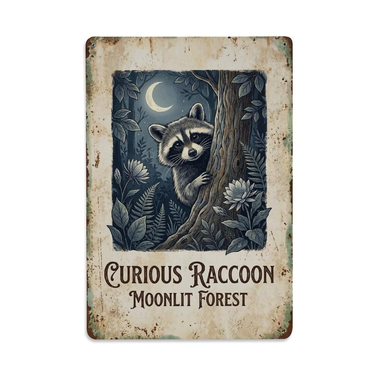 Curious Raccoon Moonlit Forest Night Metal Tin Sign