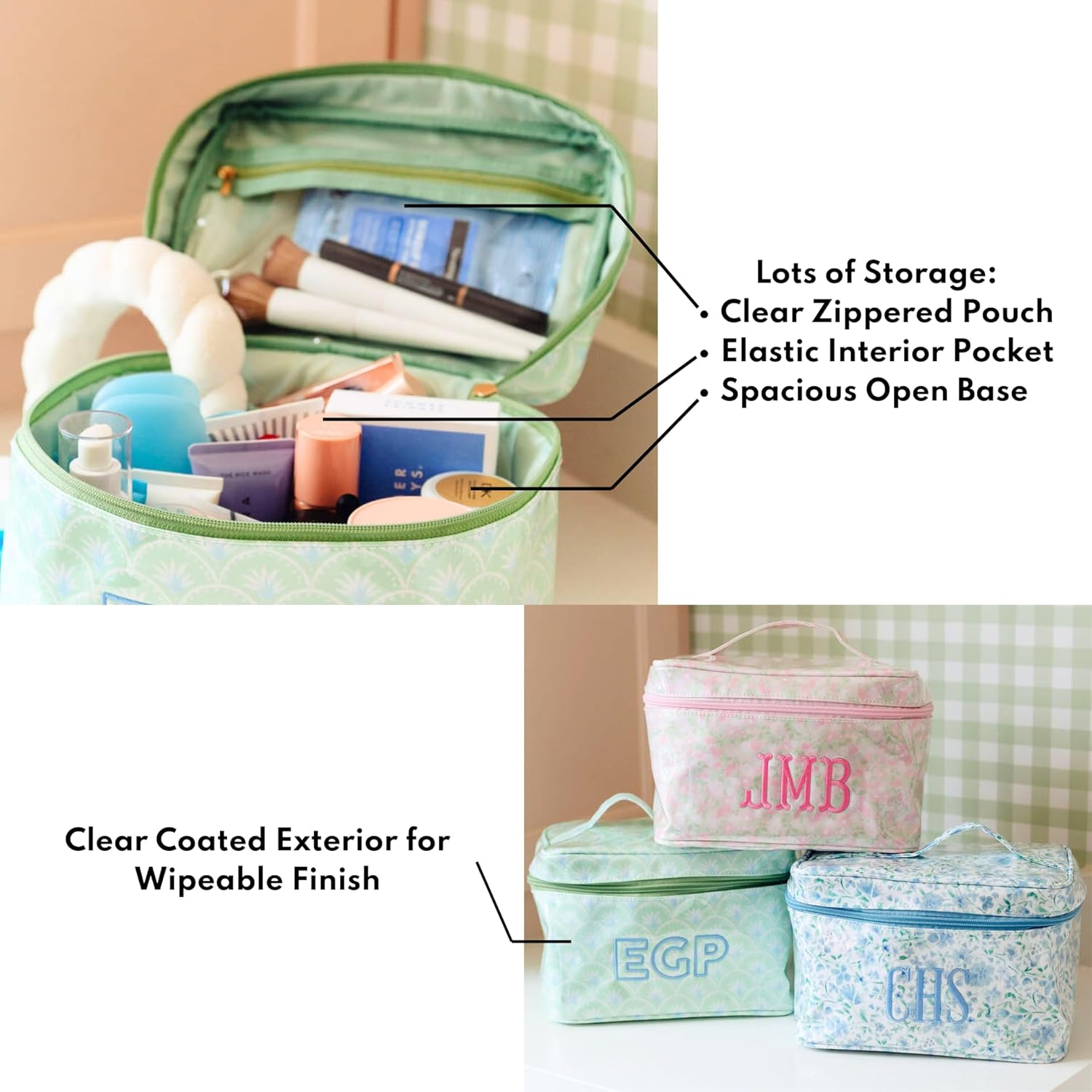Personalized Clear Coated Train Case - Monogram Makeup Bag with Handle, Travel Cosmetic Organizer with Brush Holder & Zipper Pockets, Floral Toiletry Case for Women (Dahlia)