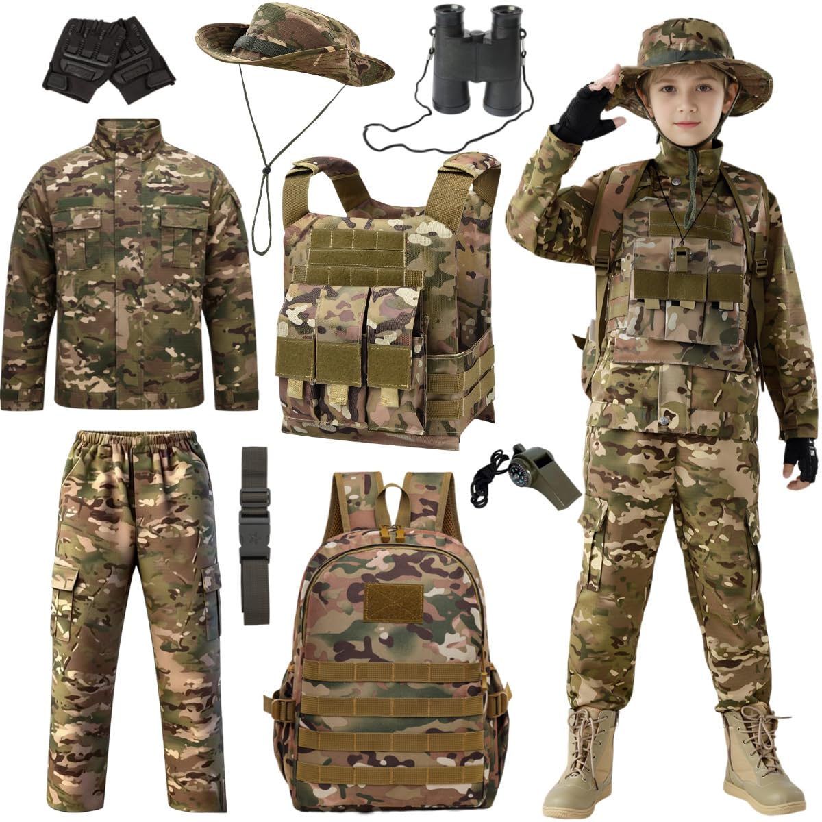 Aandgcg Army Costume for Boys, Kids Military Costume, Camo Special Forces Outfit for Kids Halloween Cosplay