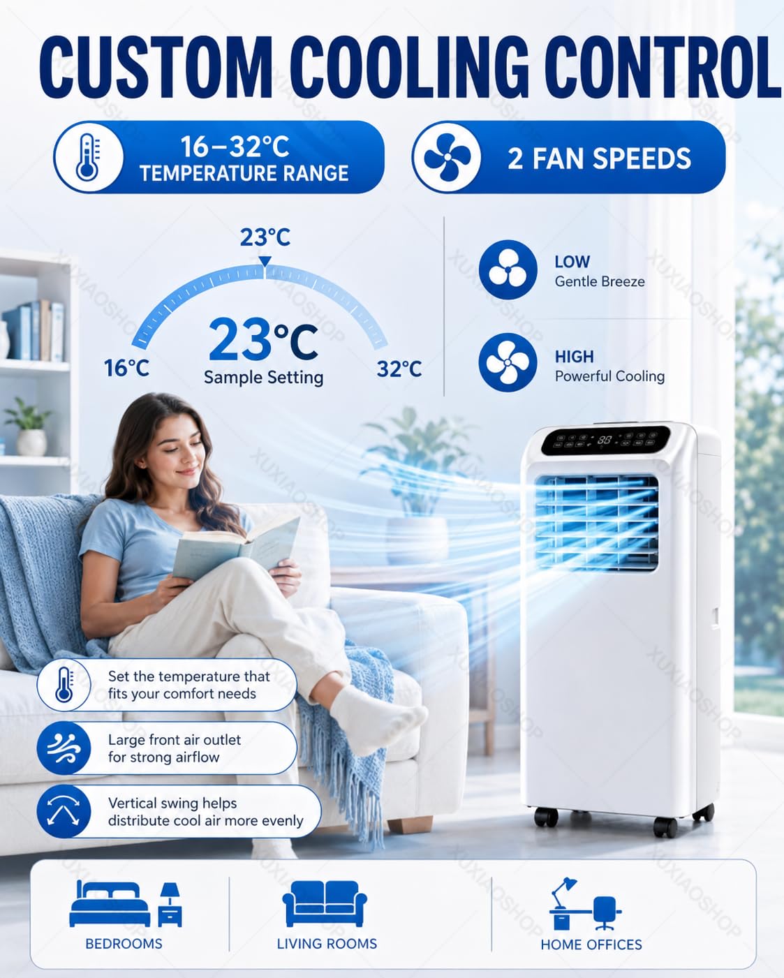 Condizionatore Portatile 3-in-1 con Pannello Touch e 2 Velocità 9000BTU | Raffredda fino a 20/24m² con Telecomando, Timer 24H, Funzionamento Silenzioso, 2 Velocità e Kit di Installazione per Finestre