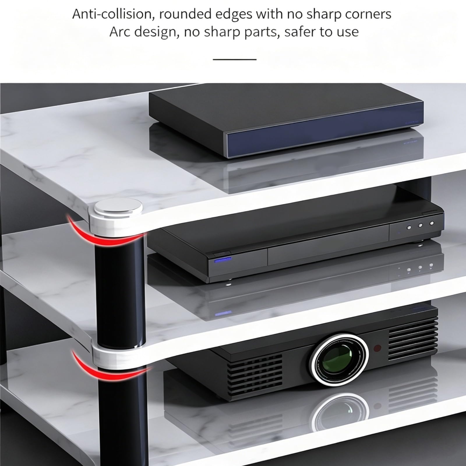 Soporte estéreo blanco de 2 niveles para reproductor de grabaciones, centro de entretenimiento con estantes, soporte multimedia AV y estante de DVD para cine en casa
