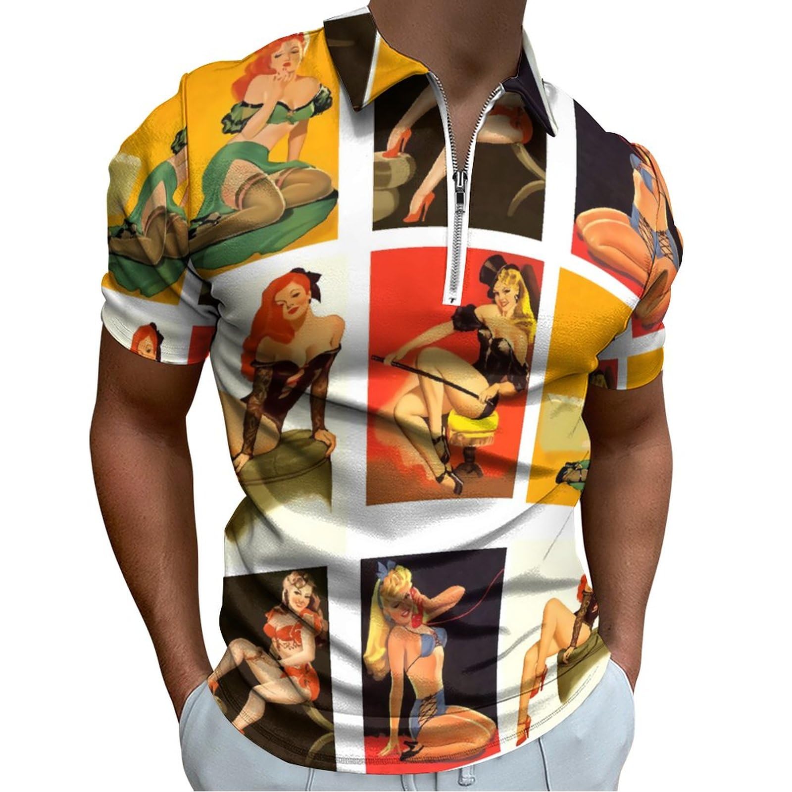 Pinup Girls Men's Polo Shirts Slim Fit Short Sleeve Zippered Shirts Casual T Shirt Tee Top XL