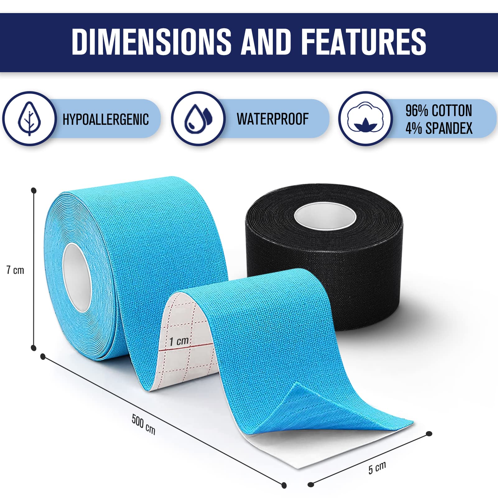 Cinta de Kinesiología Tape,Set 2 Rollos 5 m x 5 cm Azul y Negro,Cinta deportiva elástica terapéutica para hombros, rodilla, codo, alivio del dolor, sin látex, resistente al agua, transpirable