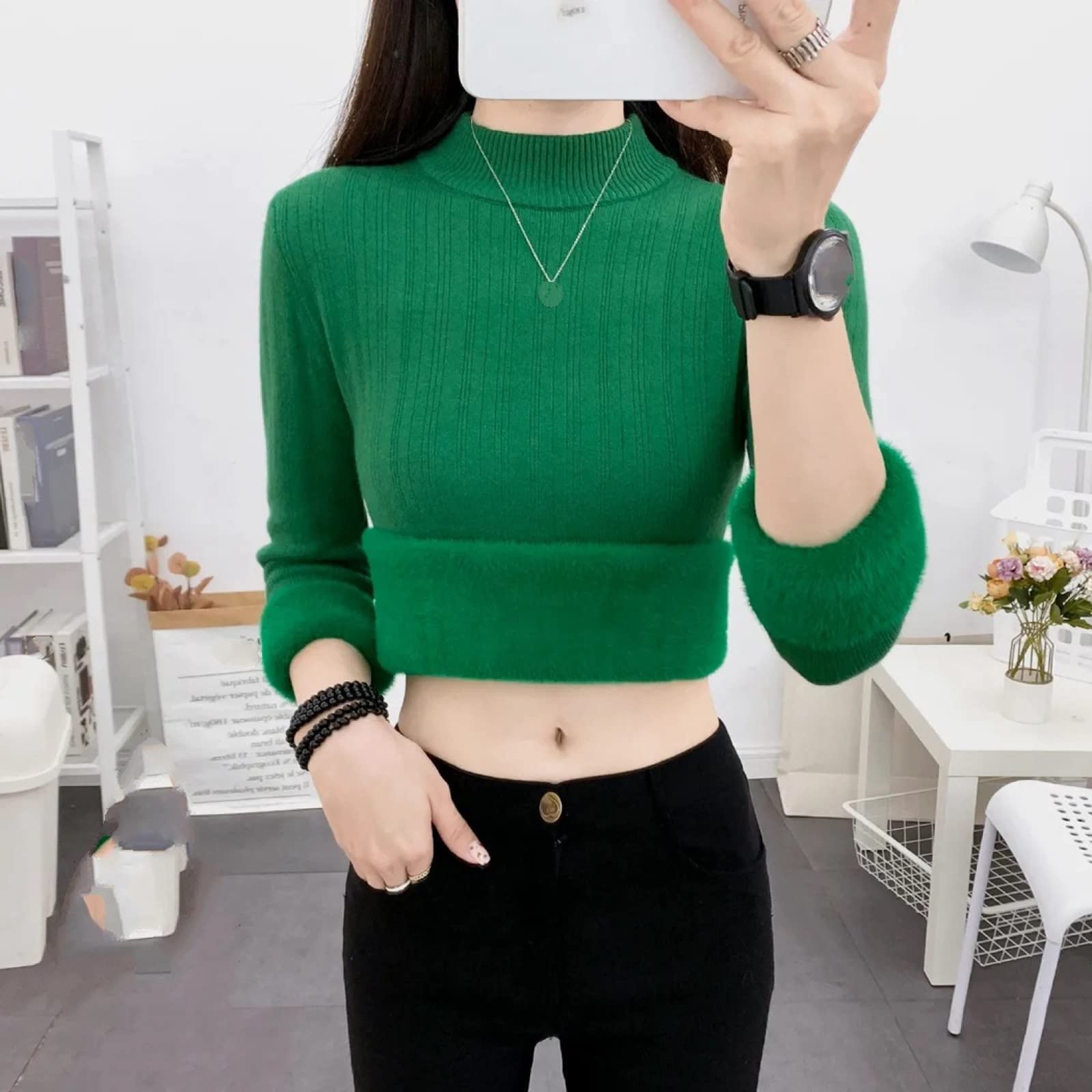 Suéter De Invierno Para Mujer - Invierno Para Mujer Suéter De Moda Más Terciopelo Grueso Calor Verde Rayado De Punto Medio Cuello Alto Jersey Delgado Estiramiento Suave Casual Manga Larga Regalo