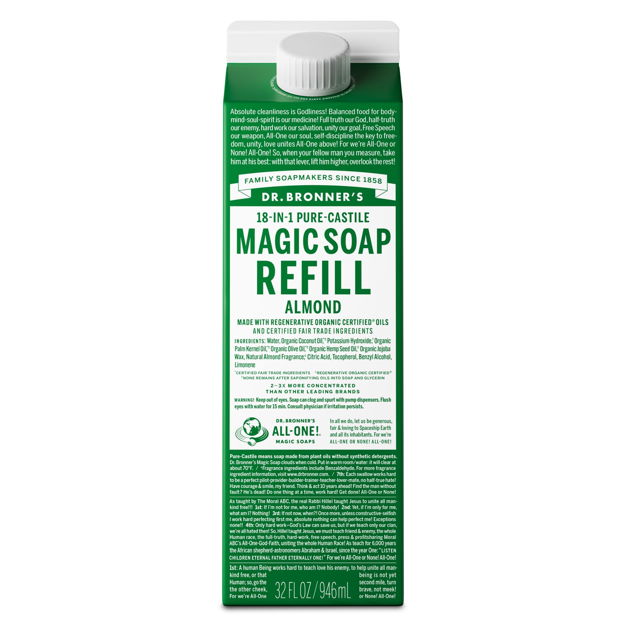 Dr. Bronner's Magic Soap Pure-Castile Liquid Soap Refill - Made with Regenerative Organic Certified Oils - 18-in-1 Uses for Face, Body Wash, Hand Soap Refill, Vegan Bath Soaps- Almond, 1-Pack, 32oz