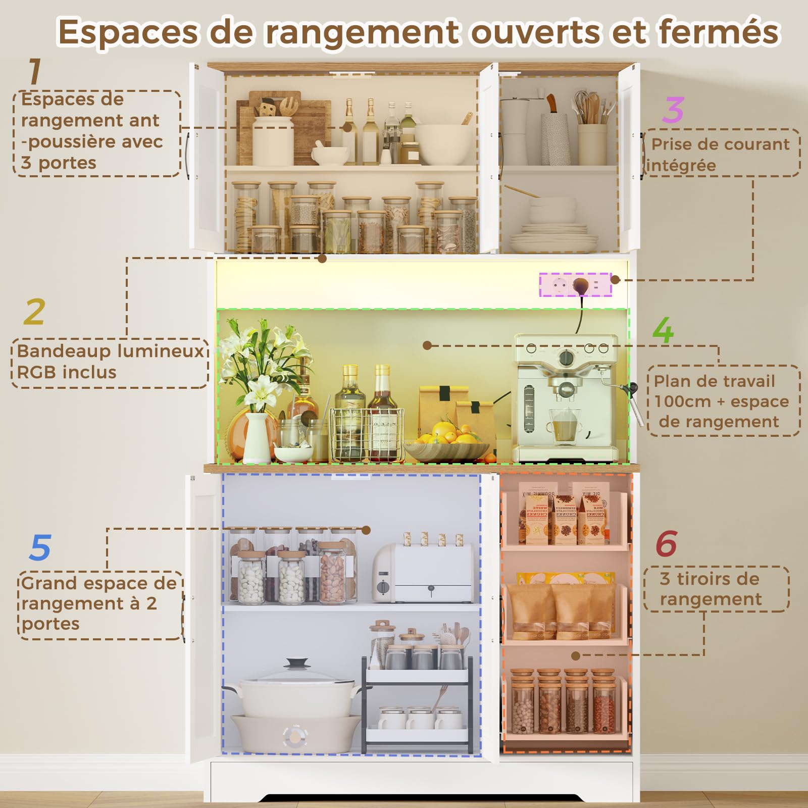 BEWISHOME Armoire de Cuisine, Buffet Haut, Meuble de Rangement, avec Éclairage LED, Meuble de Cuisine, 5 Portes, 3 Tiroirs, Étagères Réglables, Prise Électrique et USB, Blanc, 100x40x180 cm