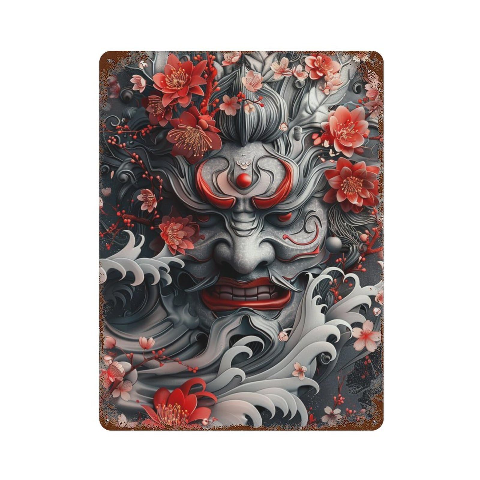 Japanese Demon Mask Art 15.7"x11.8" Distressed Metal Wall Sign, Retro Wall Decor for Garage, Bar And Workshop Decor