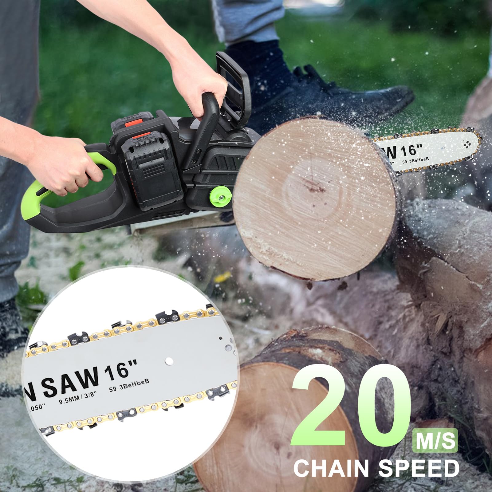 Bezprzewodowa piła łańcuchowa 16 cali, silnik bezszczotkowy, mini pilarka akumulatorowa 1800 W, 17000 obr./min z 2 bateriami 4Ah, 2 godziny pracy na baterii, idealna do wycinania drzew, przycinania,