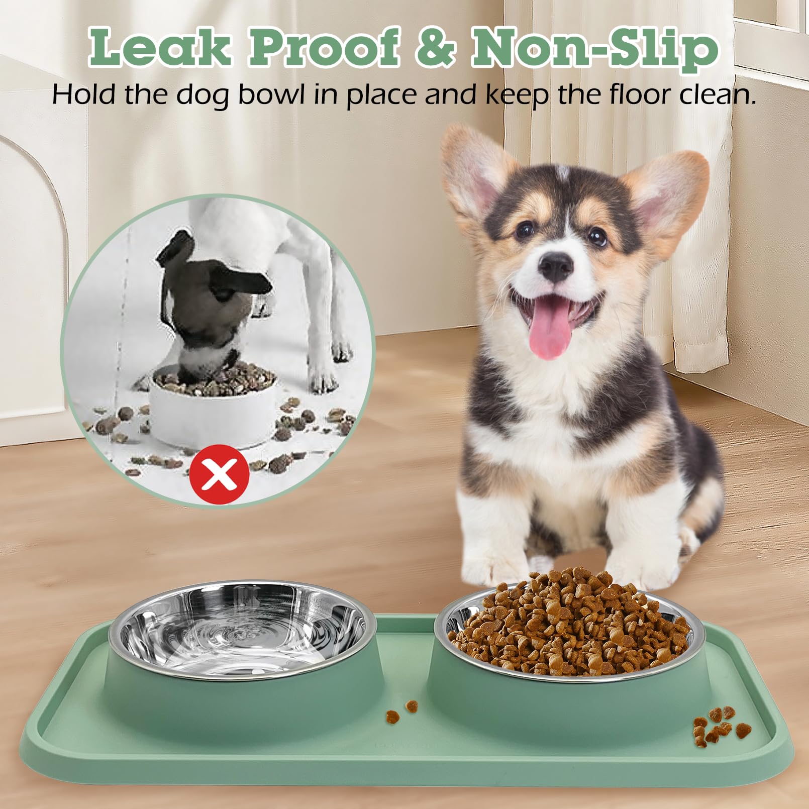 BNOSDM 2 cuencos dobles de comida para perros, cuencos de acero inoxidable para comida y agua para perros pequeños con alfombrilla de plástico antiderrames, juego de platos para cachorros, gatos