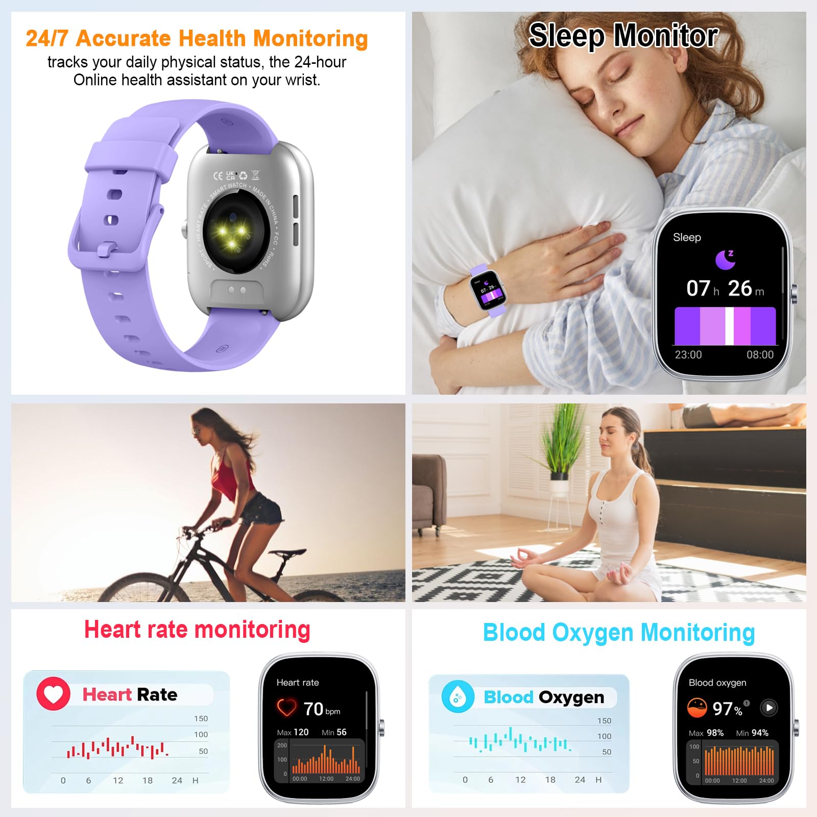 Smartwatch Uomo Donna, 1.91" Orologio Fitness con Effettua/Risposta Chiamate, 110+ Sportive Fitness Tracker, Sonno Cardiofrequenzimetro, Contapassi/Calorie/Impermeabil IP68 Smart Watch, Argento-Viola