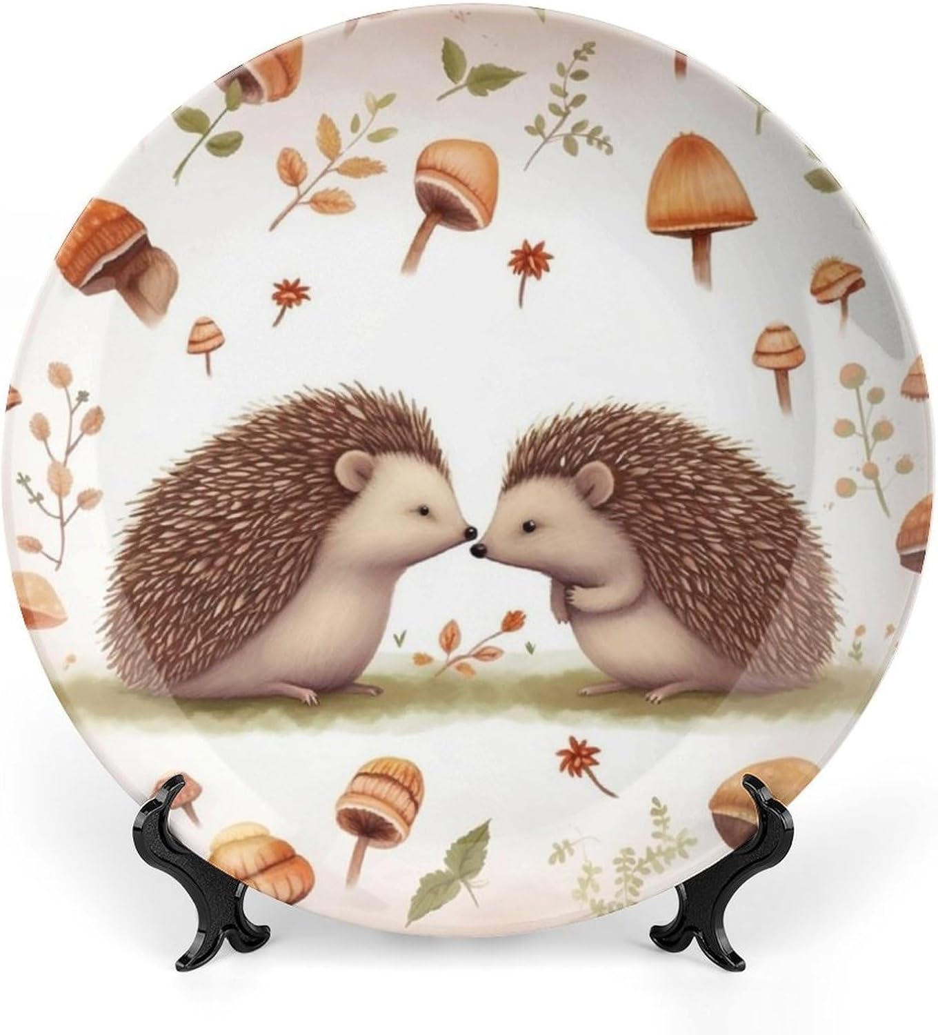 Bone China Decorative Plate for Wall, Personalized Nature Lovely Hedgehog Lovers Plates with Display Stand, Chinese Style Decorative Dish 8inch for Living Room, Hallway, Table Decor