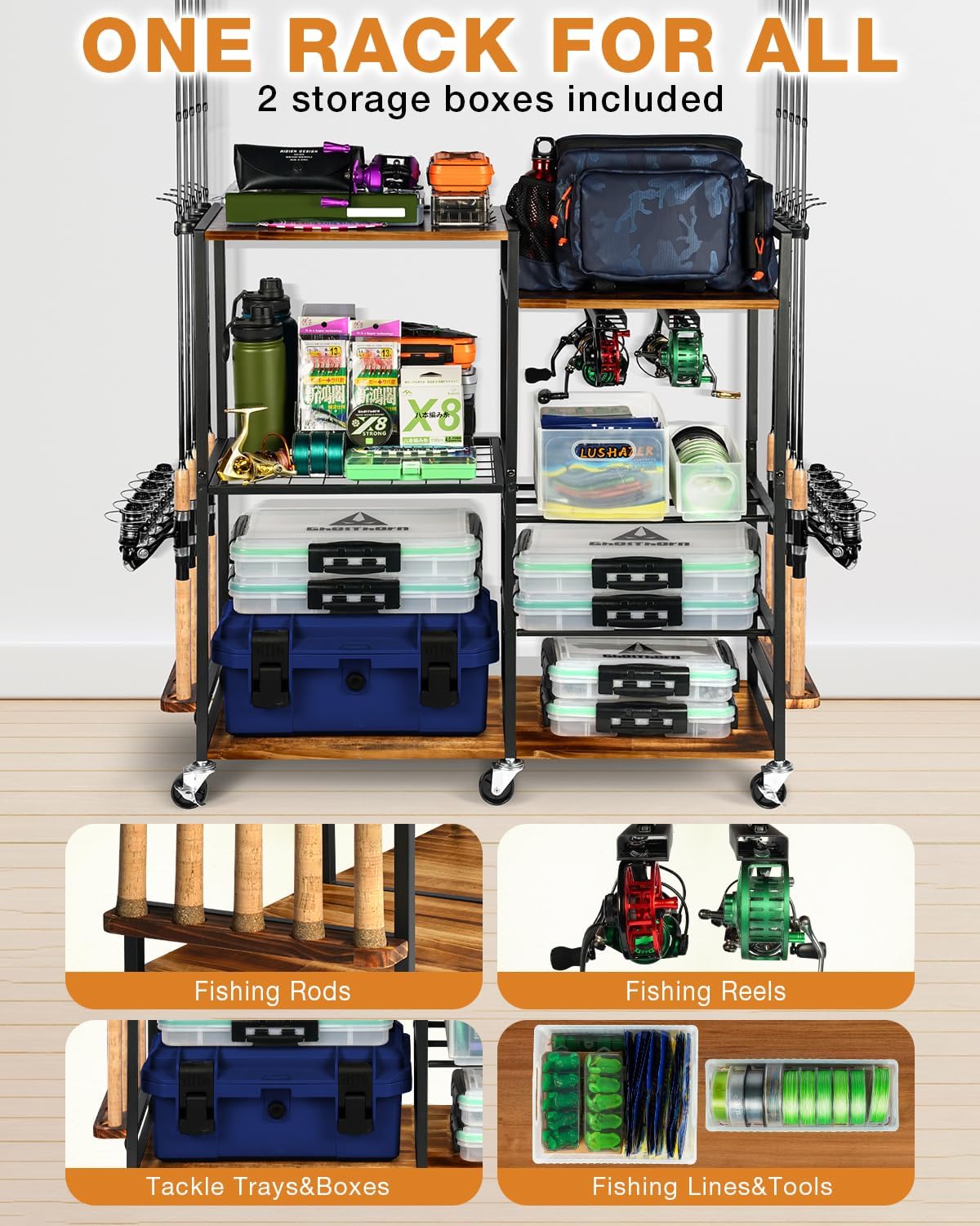 Ghosthorn Fishing Rod Holders for Garage Fishing Pole Holders Up to 10 Rods, Containers Included, Tackle Box Reel Storage Fishing Pole Rack Rotating Cart Fishing Gear Equipment Organizer