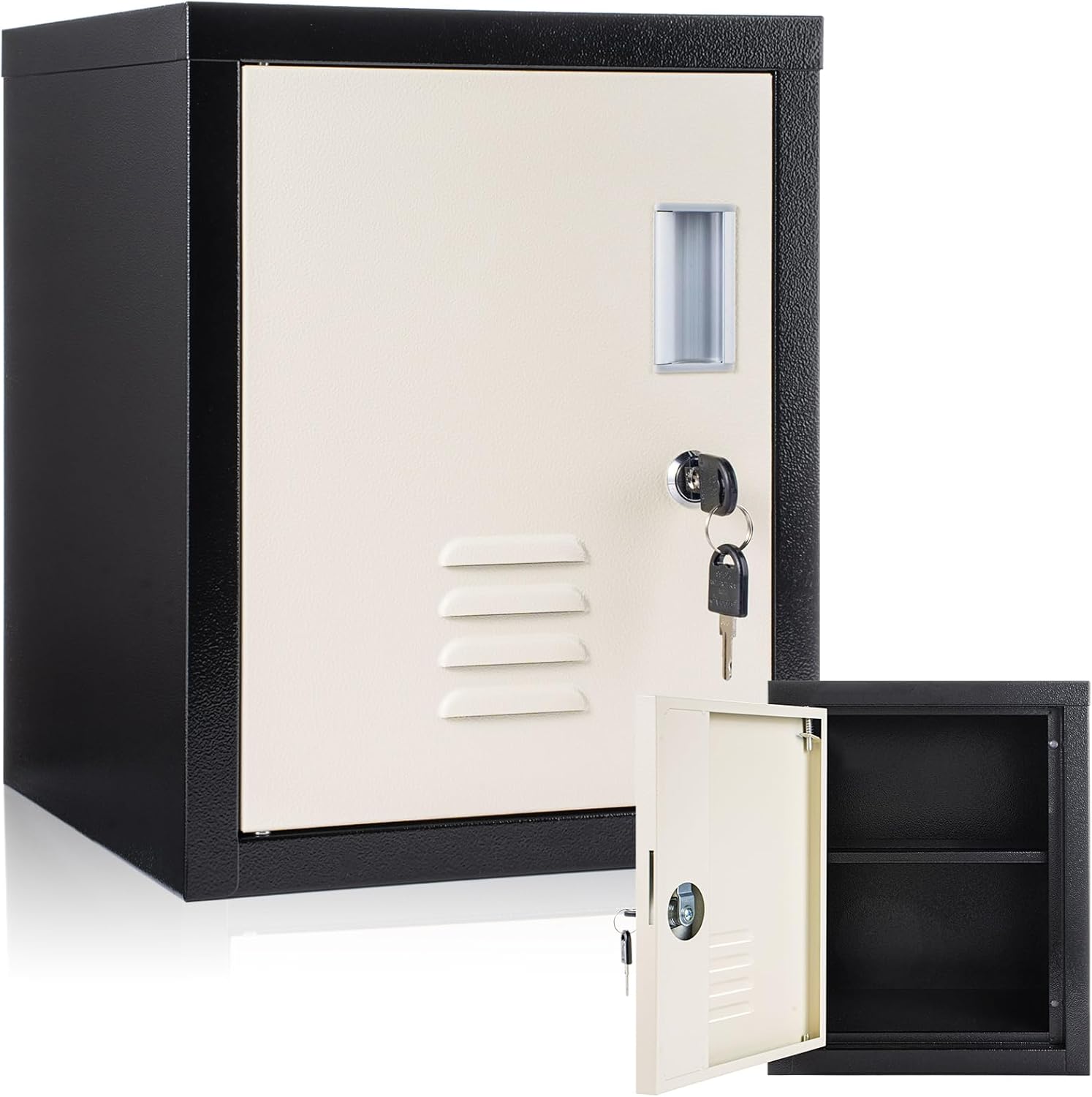 Suzile Lockable Storage Cabinet Metal Lockable Steel Storage Cabinet Organizer Lockers for Employees Vertical Metal Cabinets End Side Table Steel Bedside with Shelf(Black Beige)