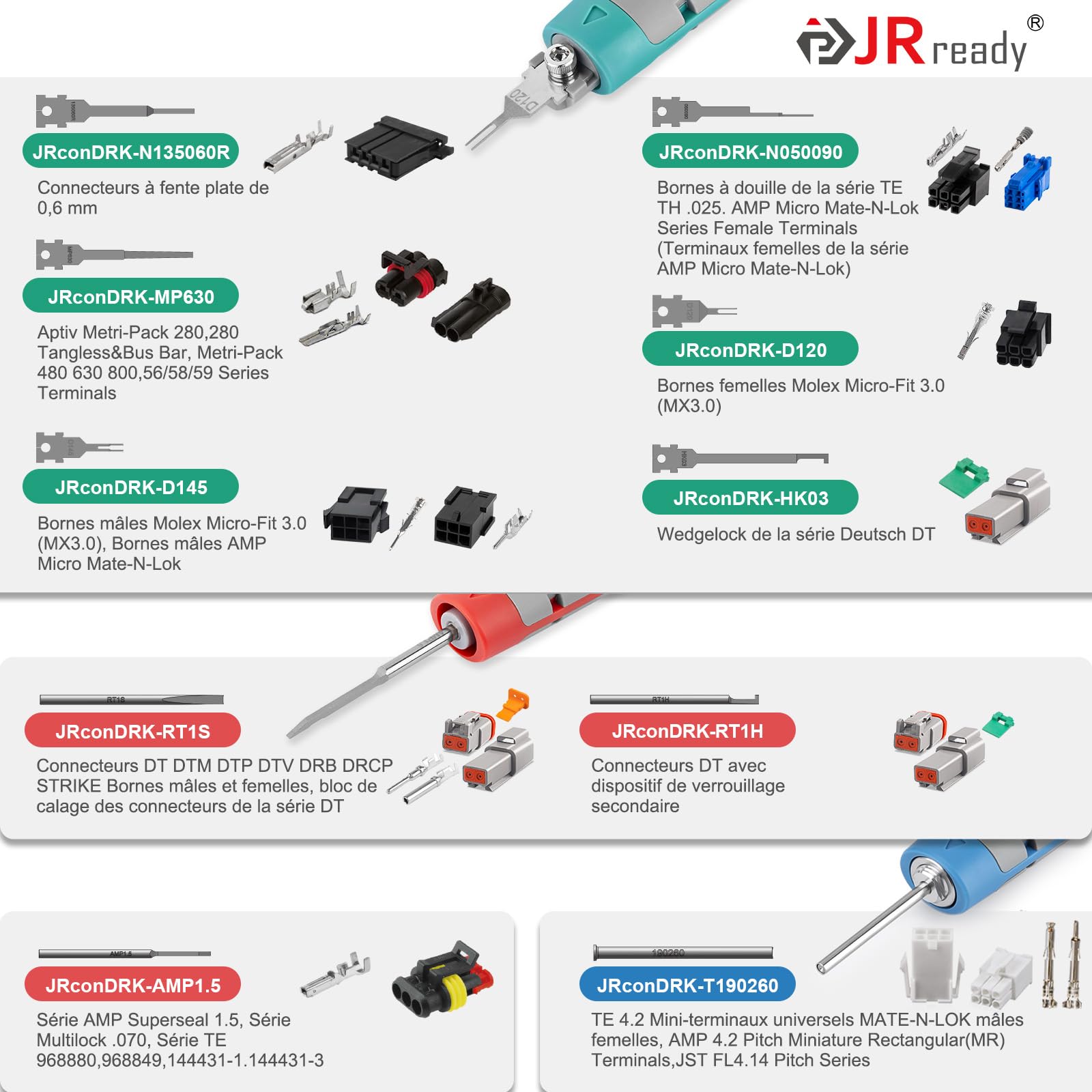 JRready JRconDRK24A10-02 Zestaw do usuwania końcówek zaciskowych, zestaw do usuwania zacisków do urządzeń gospodarstwa domowego, motoryzacyjnych, kompatybilny z AMP/DT/Molex Micro-fit