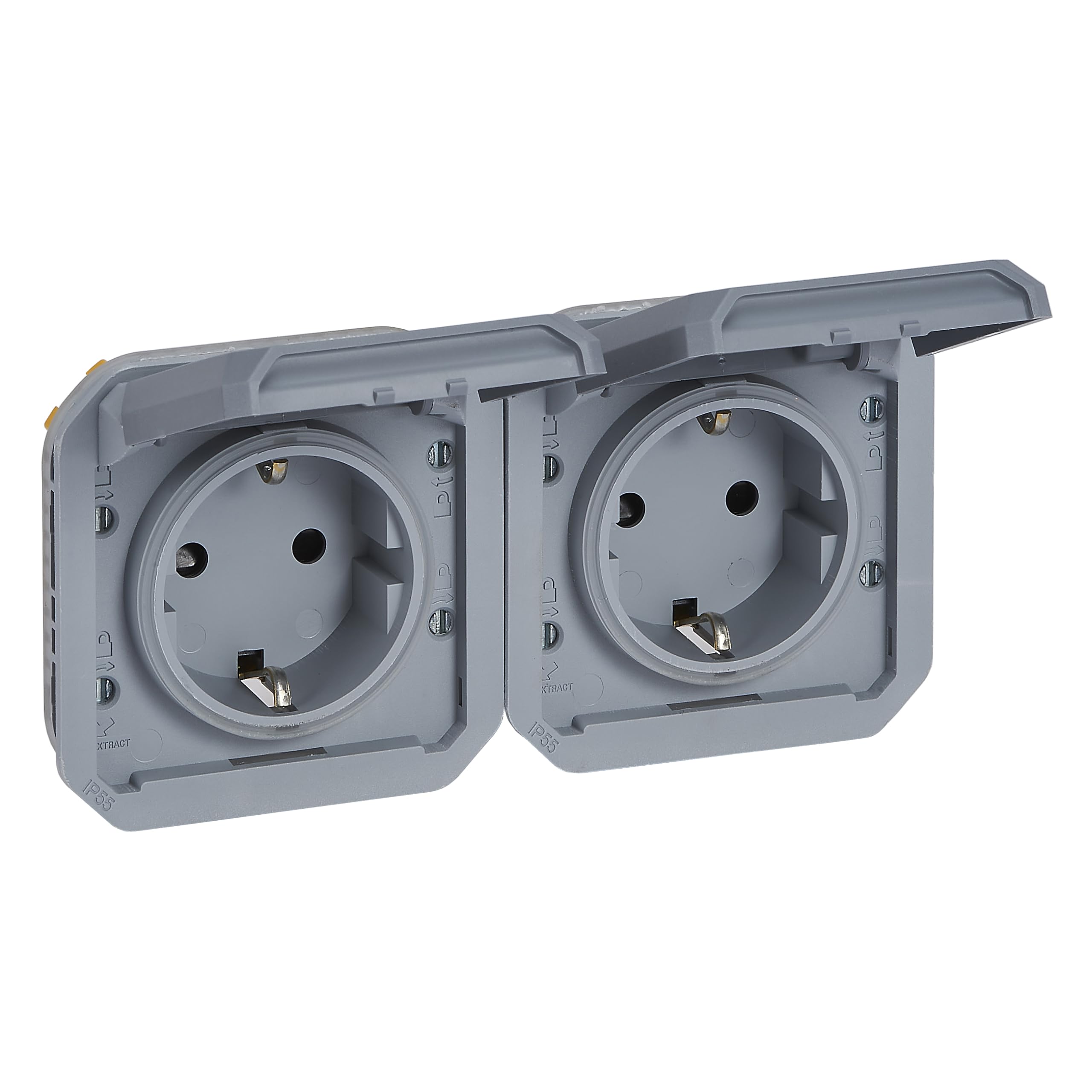 LEGRAND, Plexo New 069576L Prise pour pièces humides 2 prises Schuko standard avec couvercle à charnière, protection anti-contact, pré-câblée, horizon